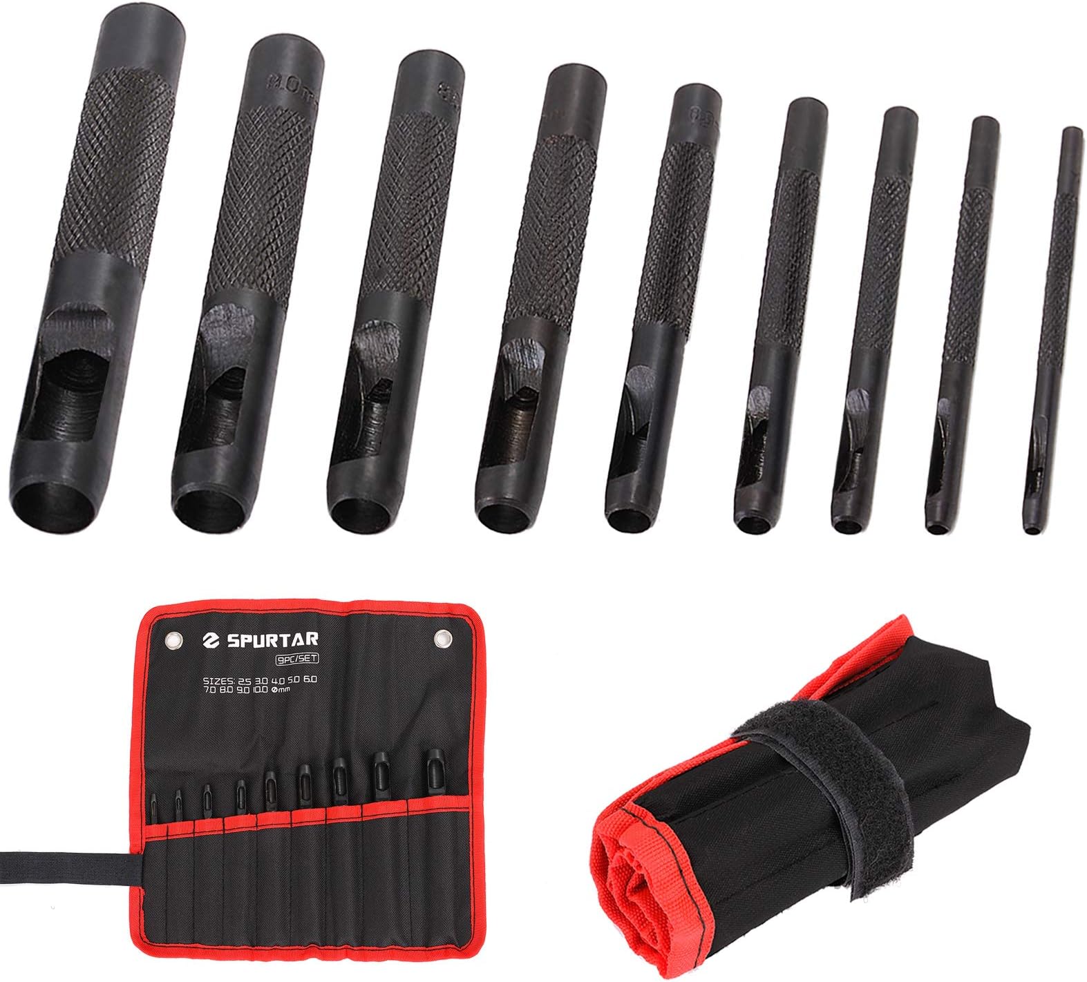 Spurtar Hollow Punch Set 9 Pieces 2.5-10.0mm Leather Punch Set Kit (Black)