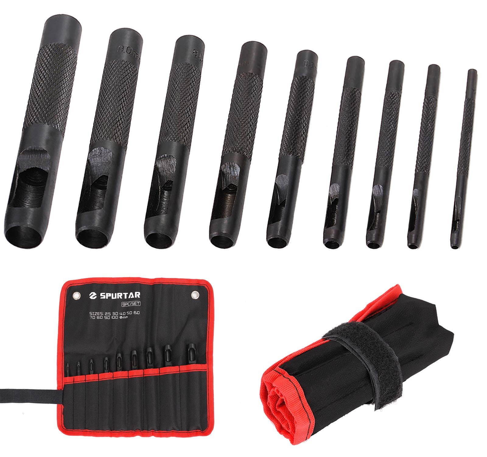 Spurtar 9 Piezas Sacabocados Cuero 2,5-10mm Juego de Punzón Hueco Redondos de Acero para Perforar Agujeros Cinturon Juntas de Relojes con Bolsa de Almacenamiento - Negro