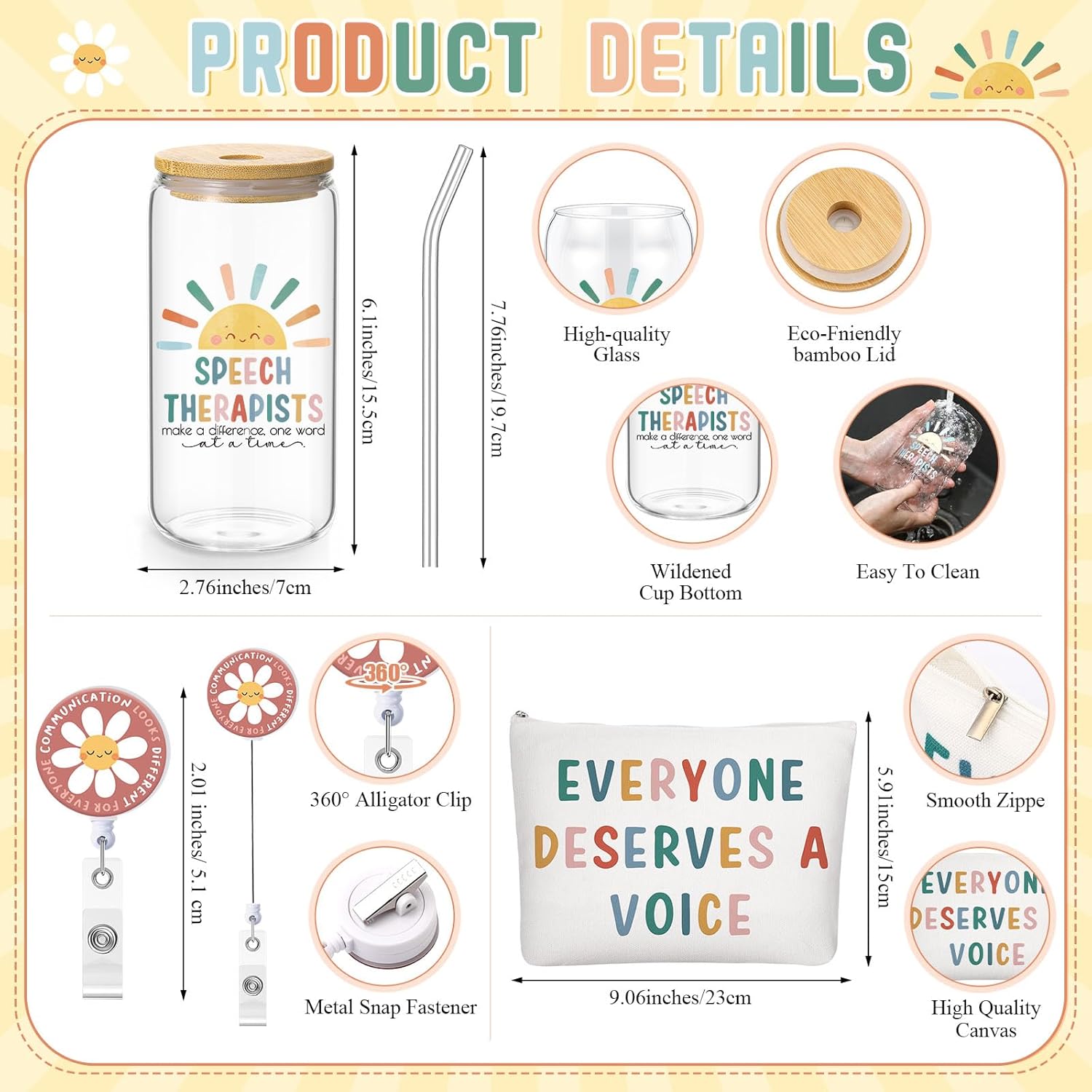 3 Pcs Speech Therapist Appreciation Gifts Set Included 16 oz Glass Cups with Lid Makeup Bag Badge Reel Gift for Speech-language Pathologist Nursing Assistant - Image 2