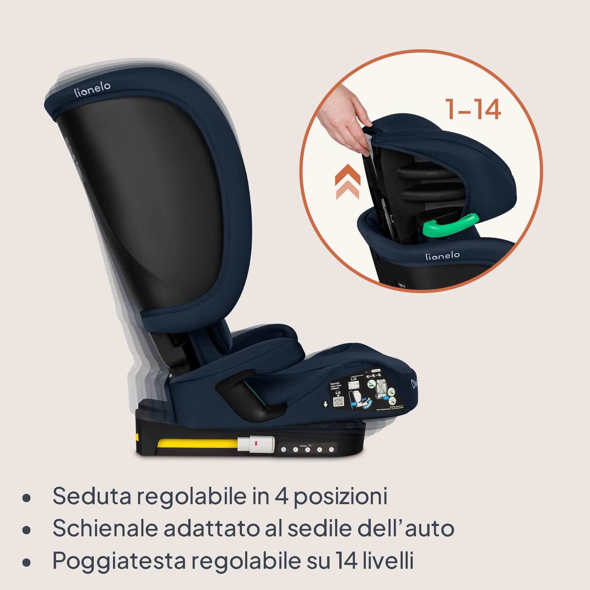 Lionelo Seggiolino Auto Pieghevole ORIN I-SIZE con ISOFIX per bambini 3,5-12 Anni, Reclinabile 4 Posizioni, Poggiatesta 14 Posizioni, Sfoderabile Lavabile, Borsa e Portabicchiere, i-Size 100-150 cm