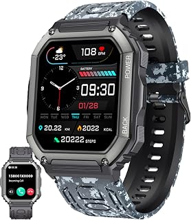 Smartwatch Herren mit Telefonfunktion, 1,8” AMOLED 5ATM Wasserdichte Fitnessuhr mit Taschenlampe Schrittzähler Herzfrequenz, SpO2, Sportuhr Aktivitätstracker für Android iOS (Camouflage Schwarz)