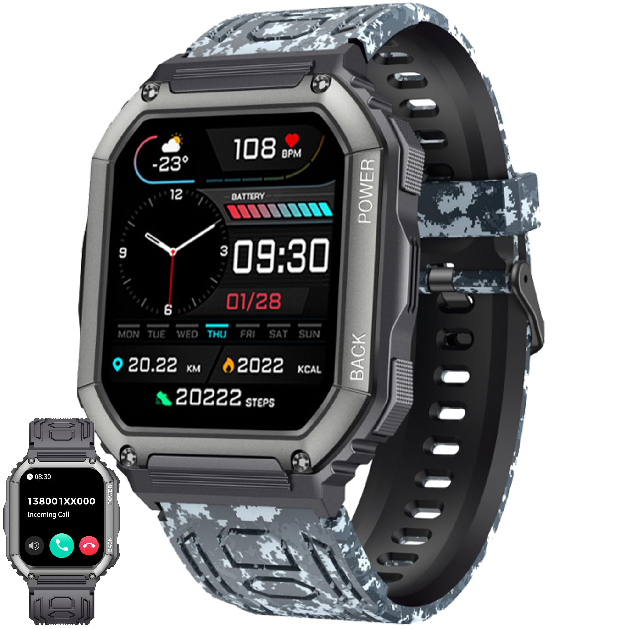 Smartwatch Herren mit Telefonfunktion, 1,8” AMOLED 5ATM Wasserdichte Fitnessuhr mit Taschenlampe Schrittzähler Herzfrequenz, SpO2, Sportuhr Aktivitätstracker für Android iOS (Camouflage Schwarz)