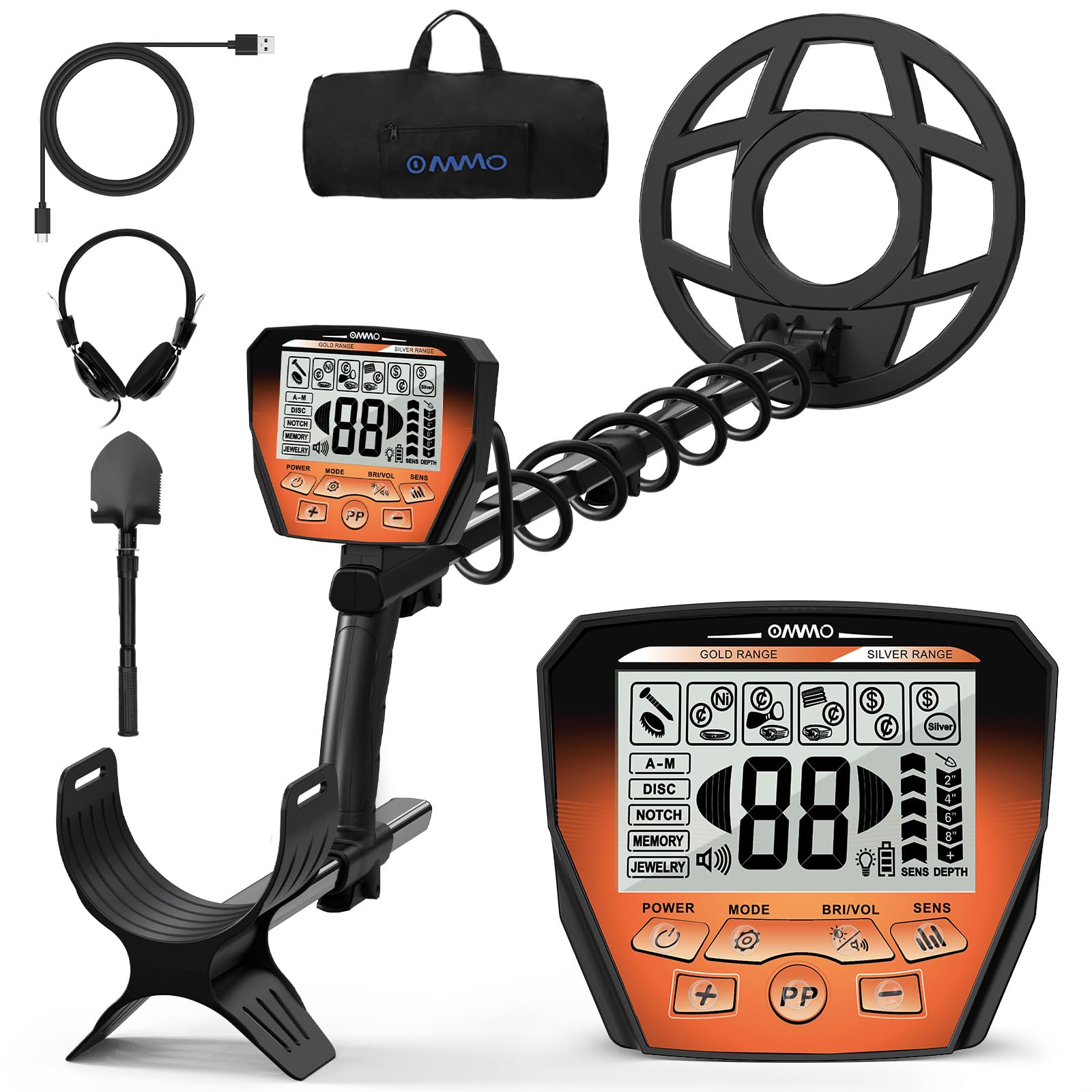 OMMO Détecteur de Métaux Professionnel pour Adultes, Orange | Rechargeable USB, 6 Modes, Haute Précision, IP68 Bobine Étanche avec Pelle