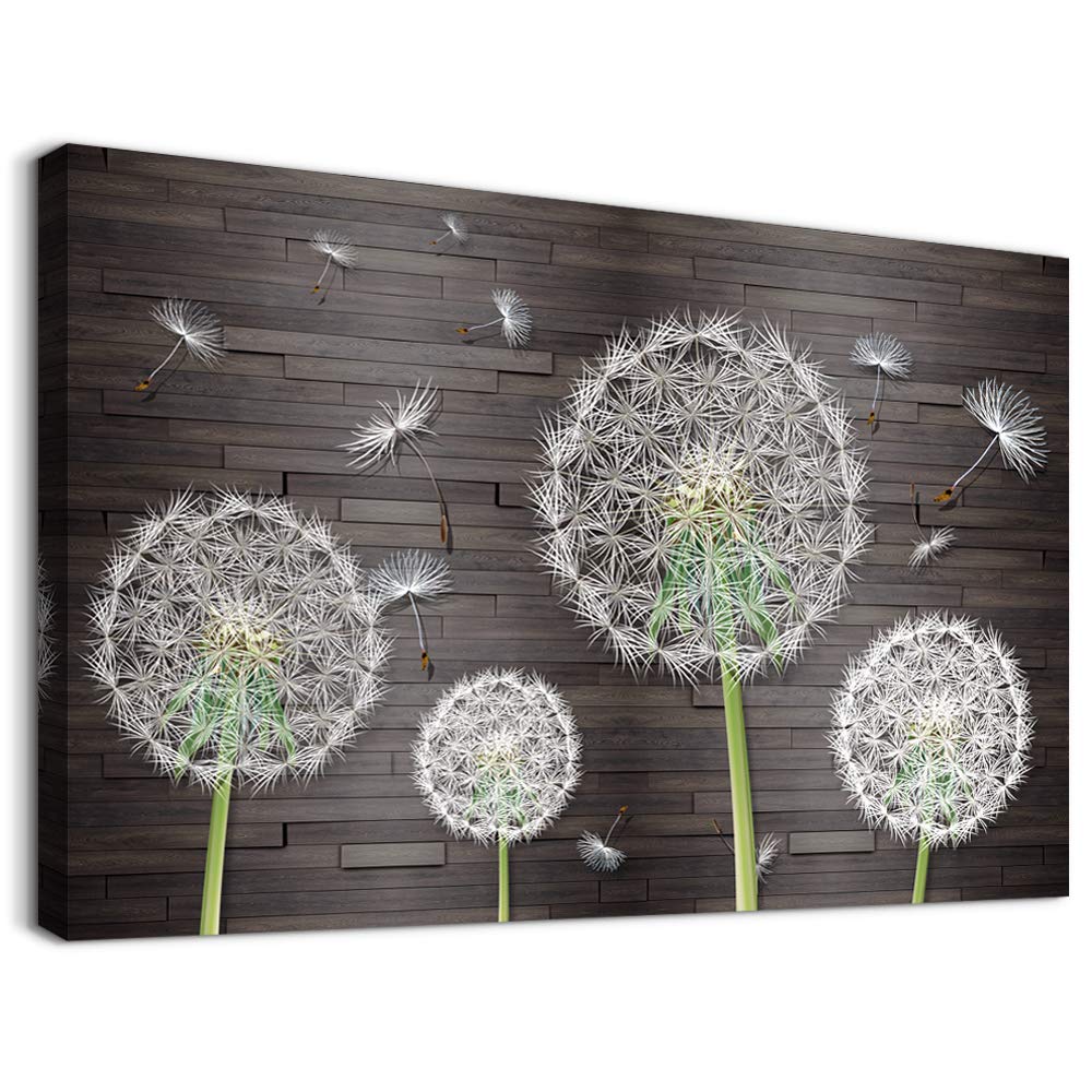 White Dandelion Flower Canvas Wall Art for Bedroom Bathroom Decorations kitchen Wall Decor Framed Canvas prints Artwork Farmhouse Vintage Wood grain background Pictures Home Decoration-16x12 inches