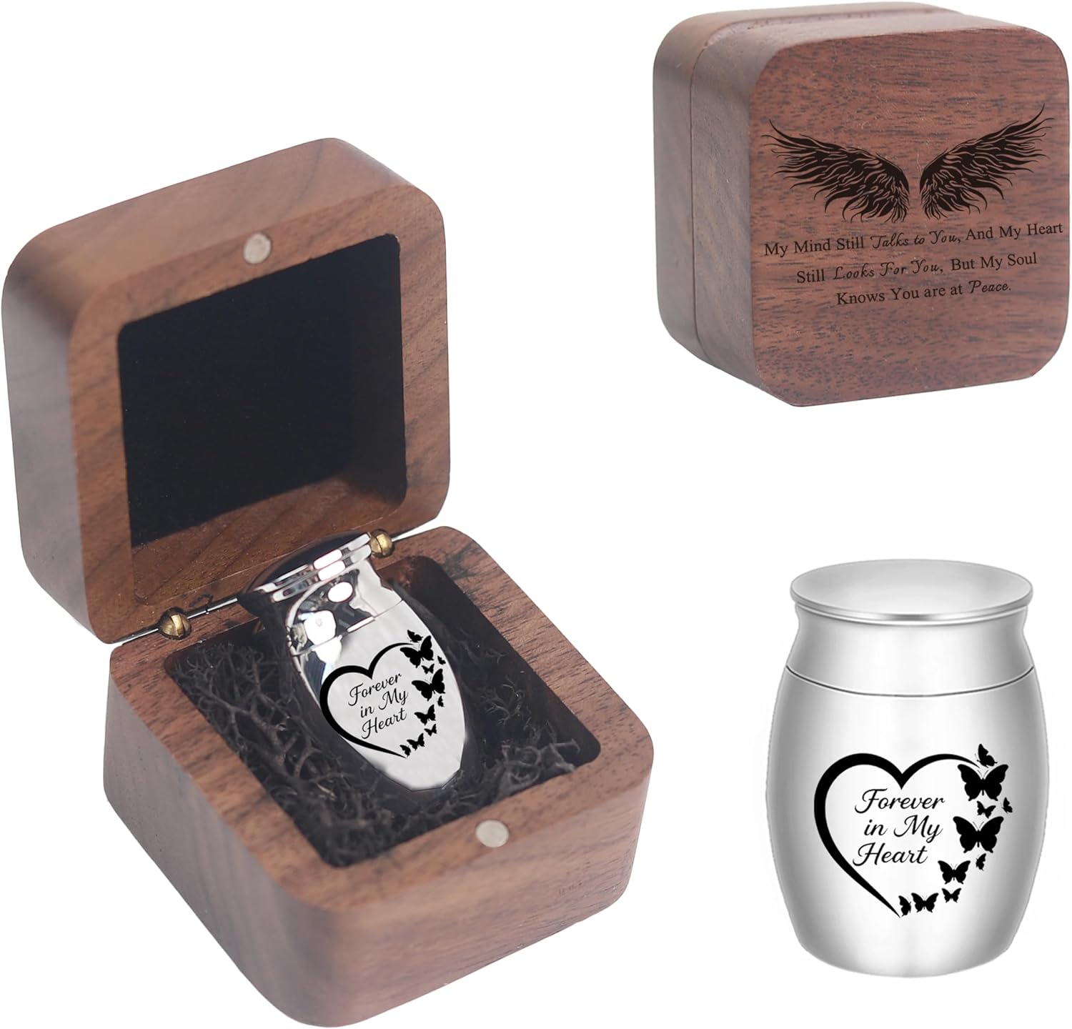 Small Urns for Ashes Heart Shaped Wooden Keepsake Box with Angel Wing Mini Cremation Keepsake Urns Memorial Urn for Men Women