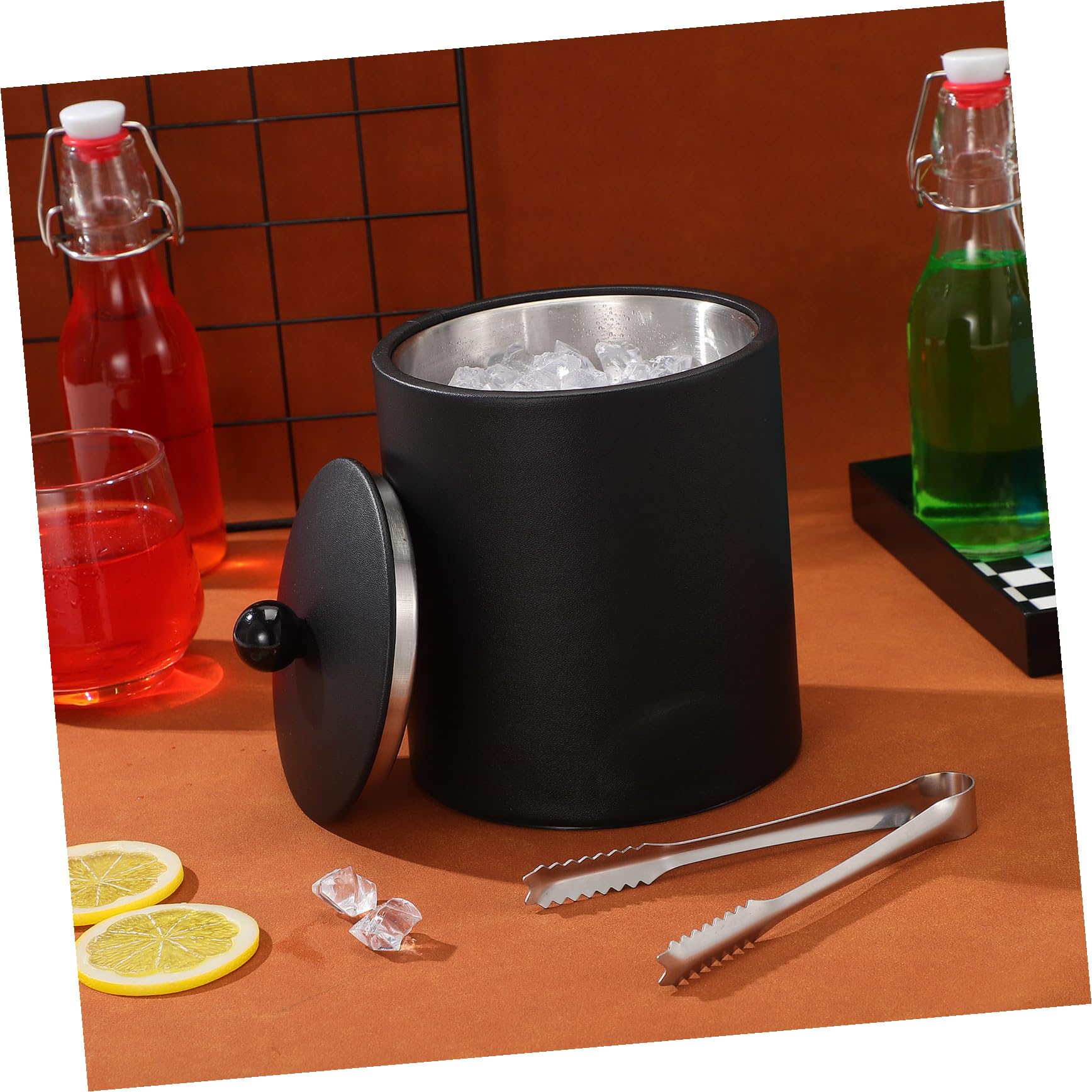 PRETYZOOM Edelstahl Eisbehälter 1,2 Liter mit Deckel, Zange und Sieb