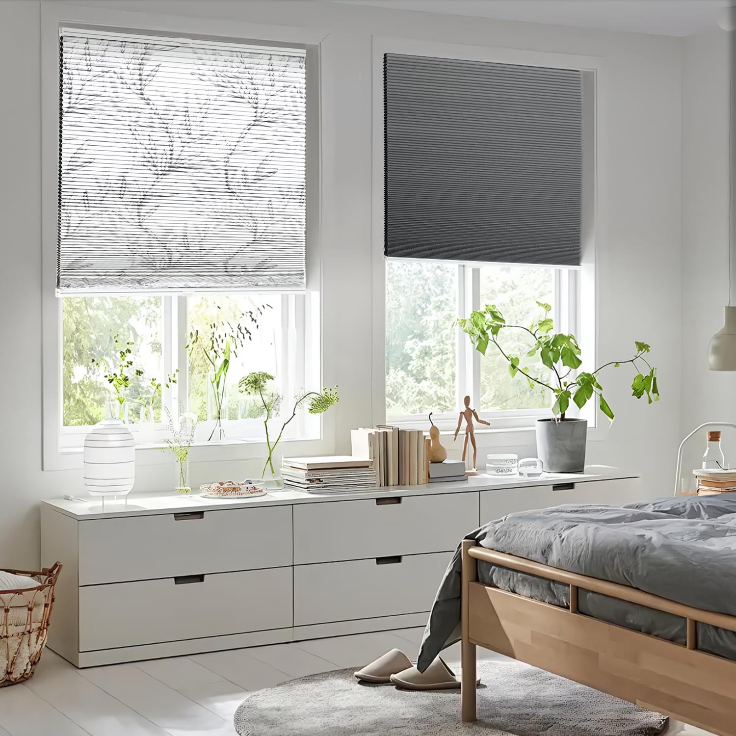 Sekey Store plissé en nid d'abeille - sans perçage - 100% occultant - Opaque - Klemmfix - Rail en Aluminium - Blanc au Choix - Impression et Gris - 60 x 130 cm (l x h)