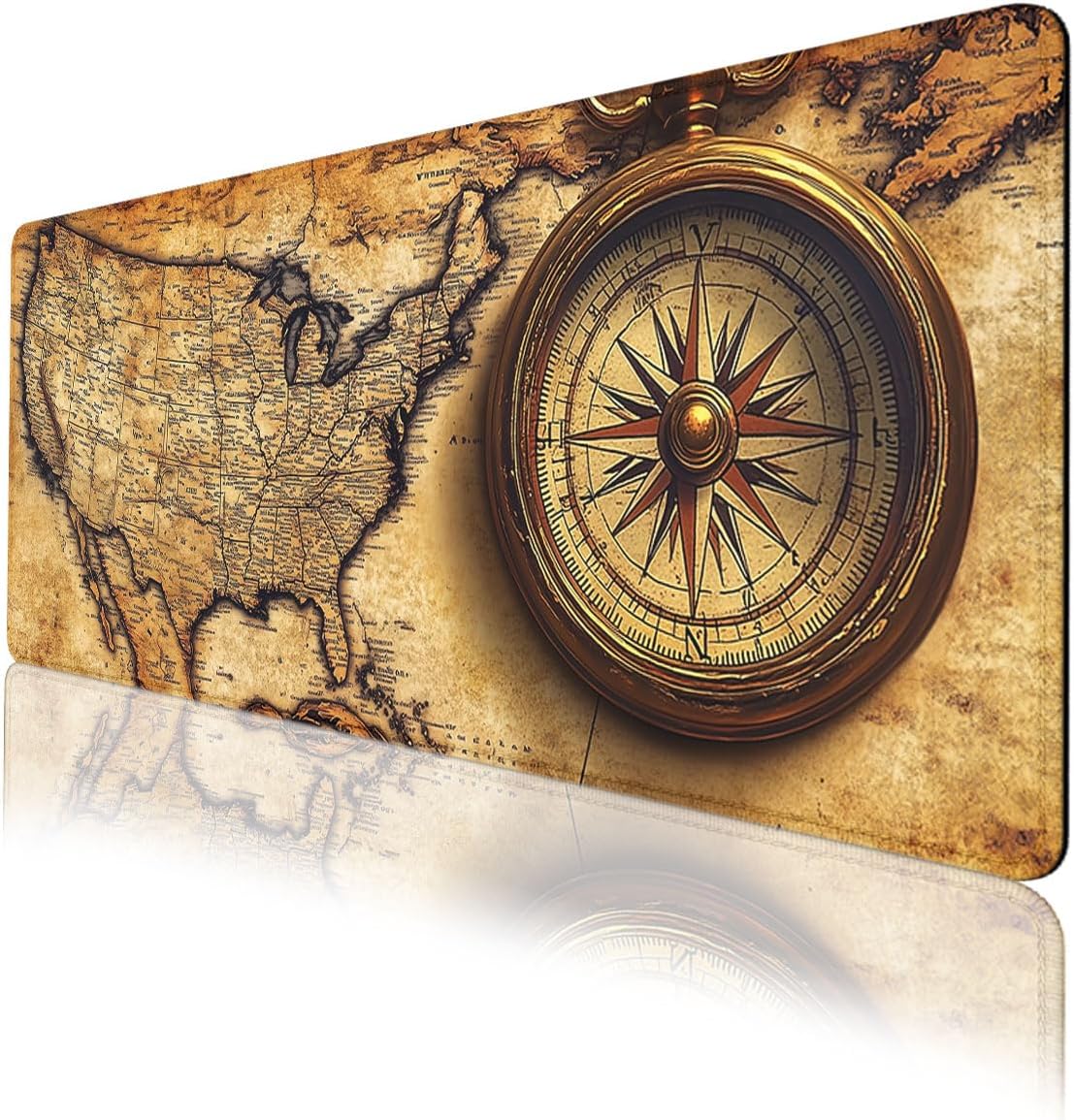 Vintage Map Mouse Pad, USA Compass Travel Explorer Gaming Desk Mat Extended Laptop Keyboard Non-Slip Rubber Base with Stitched Edges for Home, 31.5x11.8in Mouse Pads for Desk Home Office Gaming