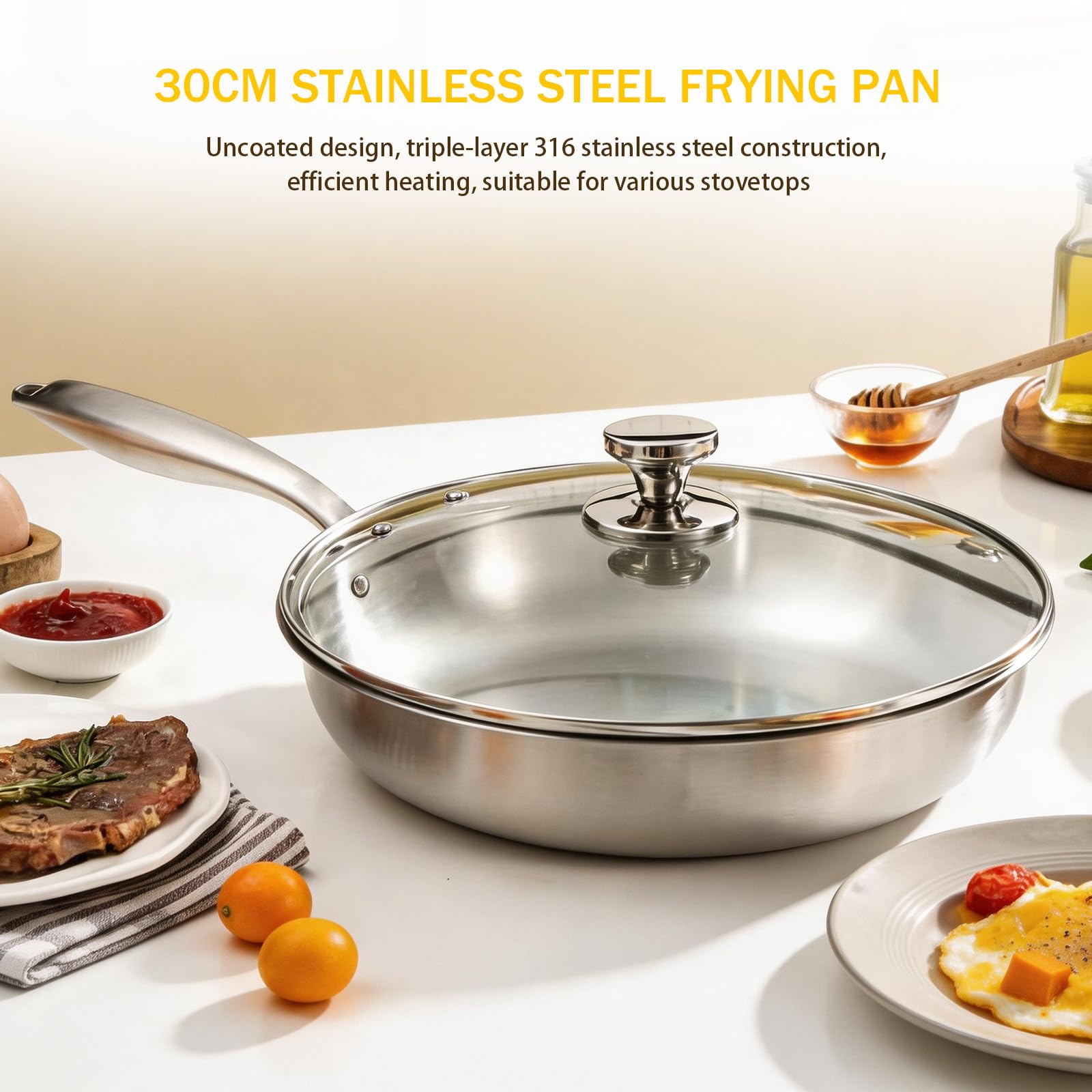 Poele Inox 30cm avec Couvercle,Acier Inoxydable Tri-couche, Chauffe Rapide
