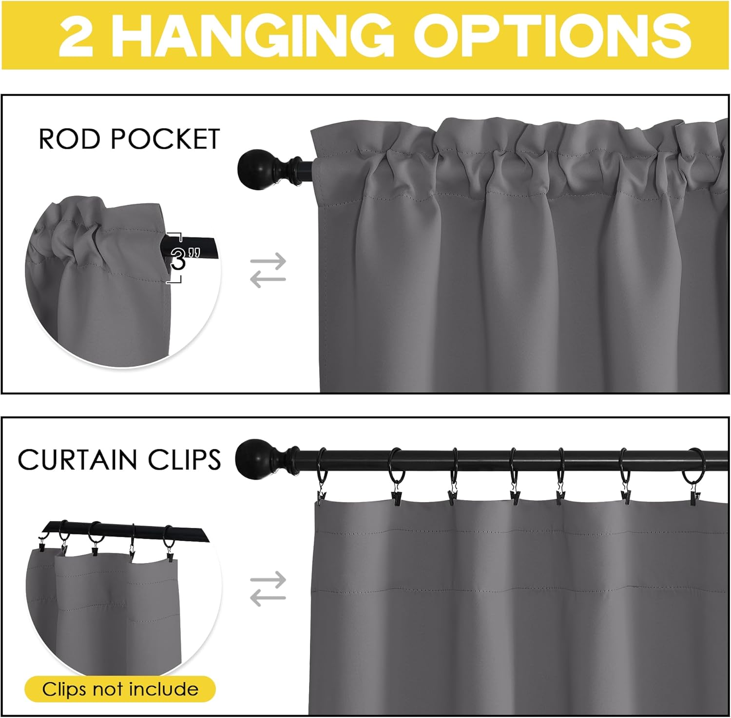 NICETOWN 2 Panles 42 x 68 inches Long Grommet Blackout Window Curtains with 4 Panles 42 x 16 inches Length Blackout Valances for Bedroom Living Room Decor, Grey