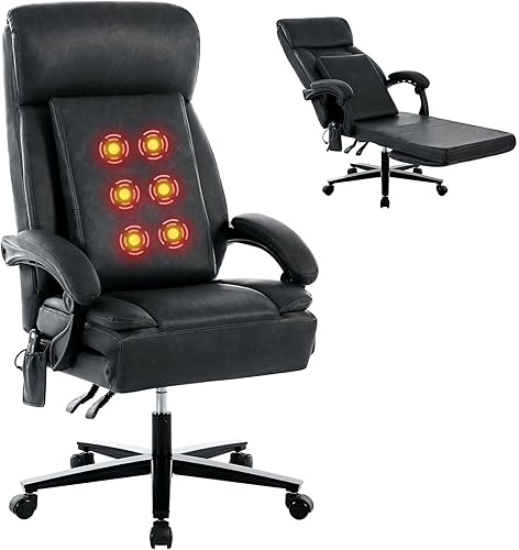 DYHOME Silla de oficina de cuero negro con masaje y reposapiés, sillas de escritorio resistentes, sillas ergonómicas giratorias para juegos de