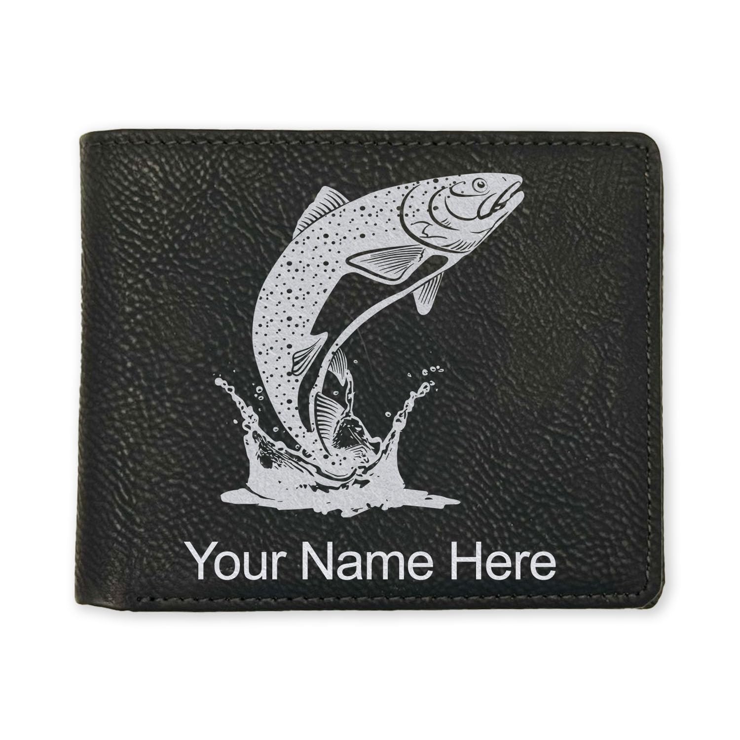 LaserGram Faux Leather Bi-Fold Wallet, Trout Fish, Personalized Engraving Included (Black with Silver)