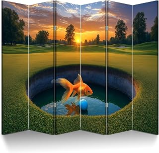 6 Panels Room Divider Screen Golf Course Landscape Sunset Golfing Sport Ball Grass Trees Realistic Wood Folding Privacy Screen Partition Canvas Wall Divider Freestanding Portable Indoor Separator