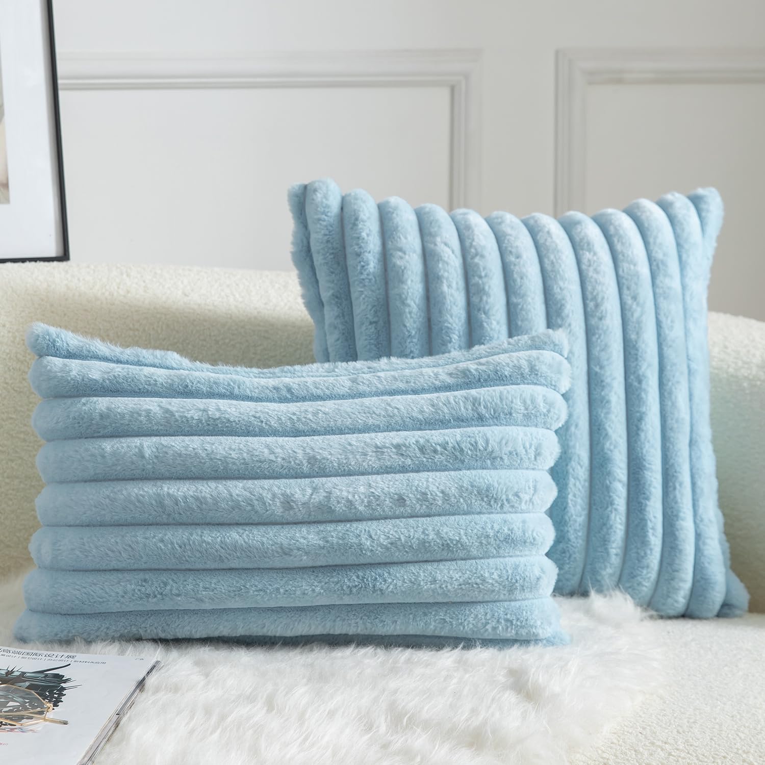 Mandioo Pack of 2 Decorative Cushion Covers 30cm x 50cm Faux Fur Striped Plush Soft Throw Pillow Covers Pillow Cases Bedroom Living Room Sofa Home 12x20 Inch Light Blue - Image 4