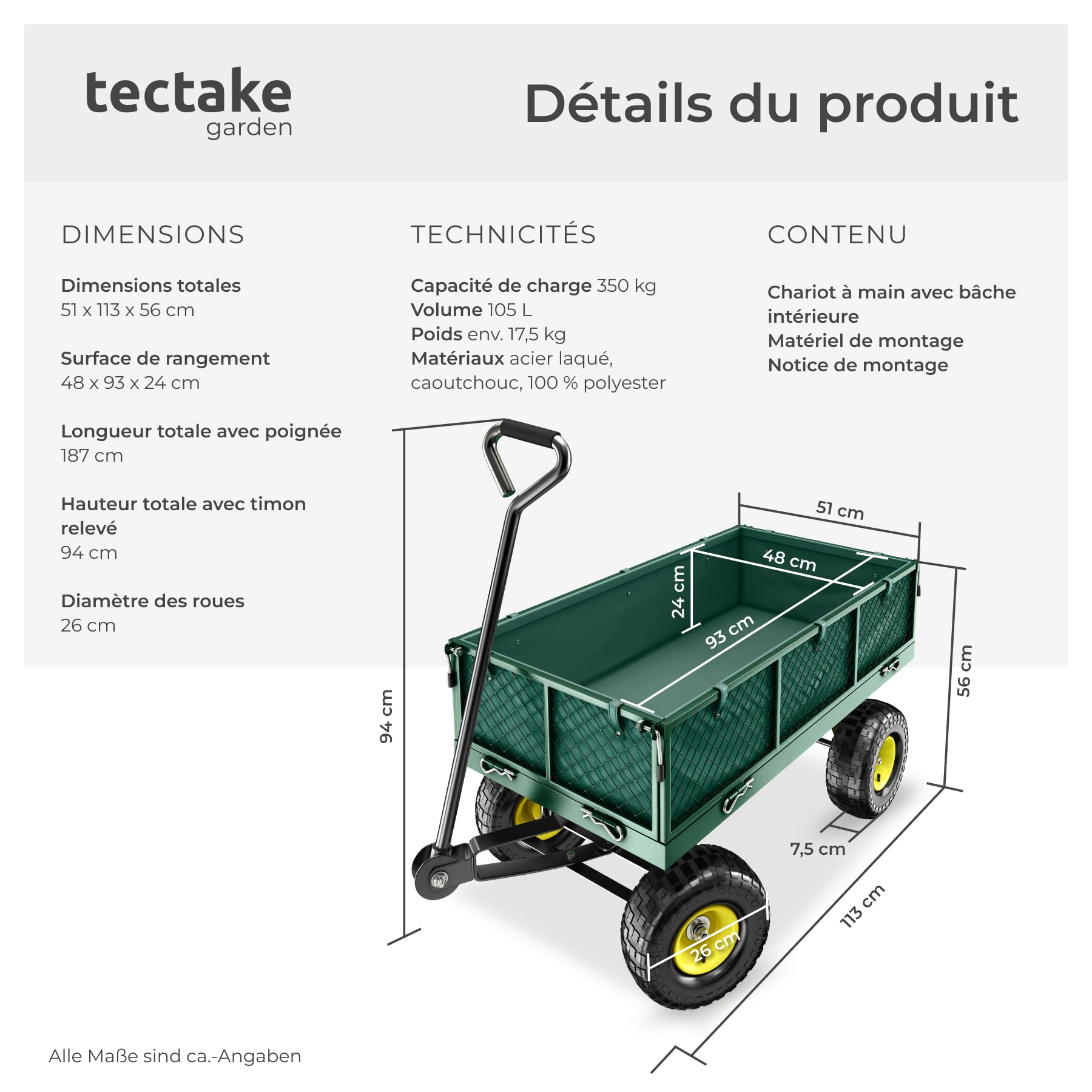 tectake® Chariot de Transport Chariot à roulettes de Jardin Remorque à Main Charrette à Bras Capacité 350kg avec Parois latéraux rabattables et Bâche pour Bois de chauffage Courses Plage Pêche Camping