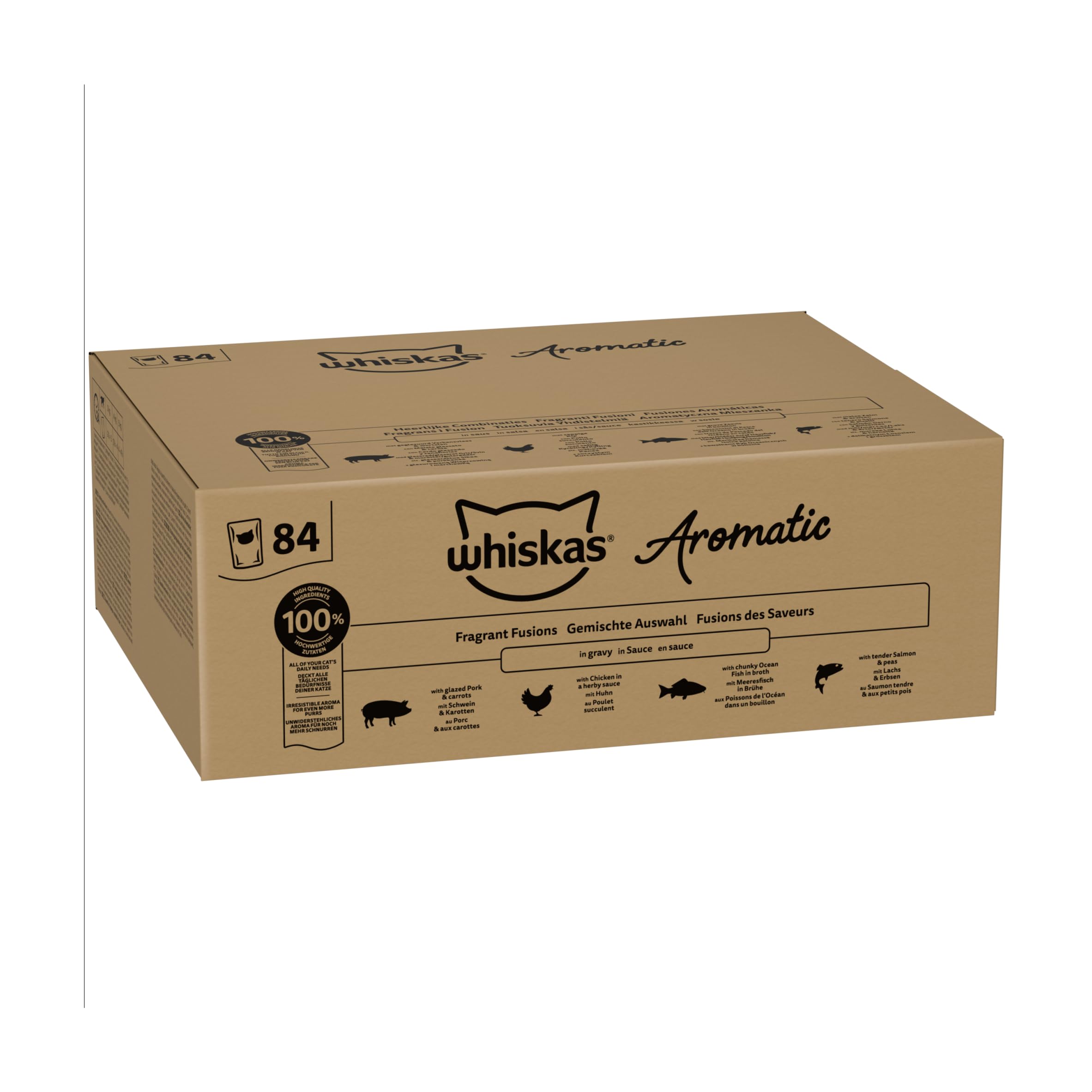WHISKAS Aromatic Selection Multipack mokra karma dla kota 1+, 84 x 85 g - 4 smaki: wieprzowina, kurczak, łosoś, ryba morska w sosie