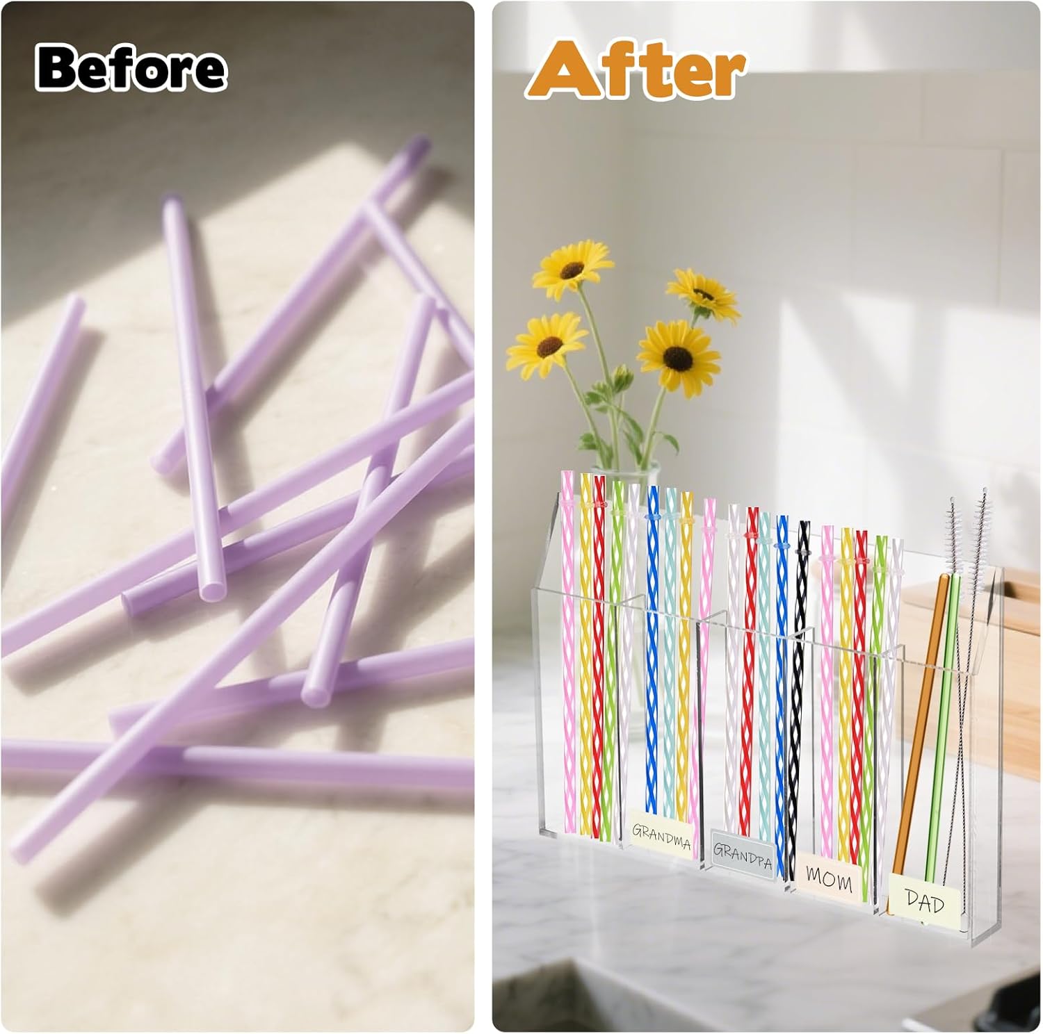 Acrylic Straw Holder, Tumbler Straw Organizer for Cupboard Reusable for Kitchen Counter Transparent Acrylic Straws Dispenser with Double Sided Adhesive Tape and Stickers - Image 3