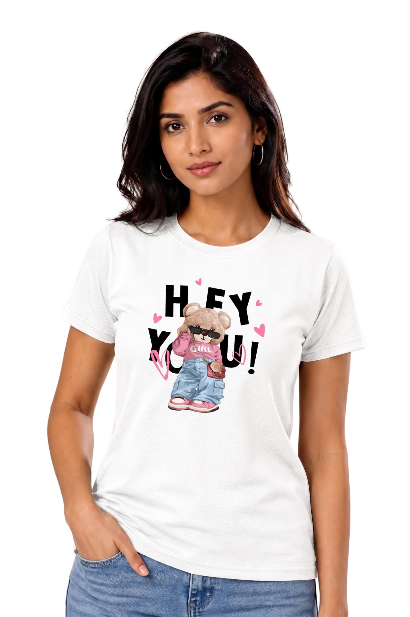 Women's Teddy Bear Hey You Graphic Printed Round Neck Half Sleeve T-Shirt-image-47