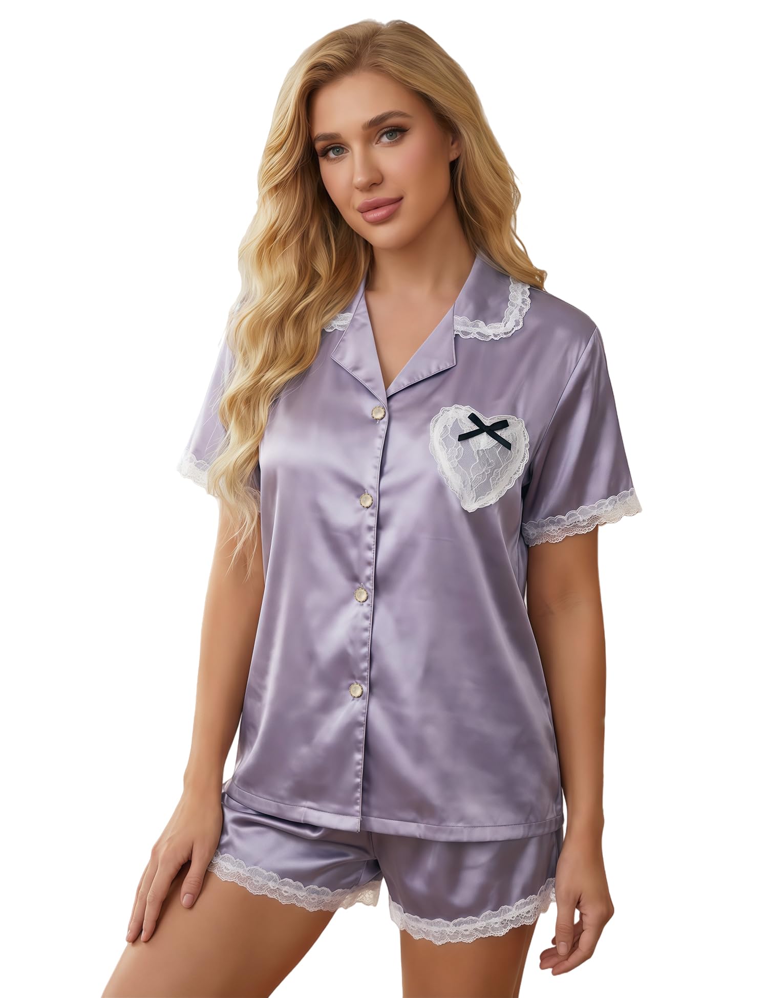 venzina Women's Short Sleeve Satin Pajama Shorts Set | 3 Styles: Lace Trim, All-Over Floral & Cartoon Print| Soft Nightwear & Lounge Set| Perfect for Home & Gifting-picture-21