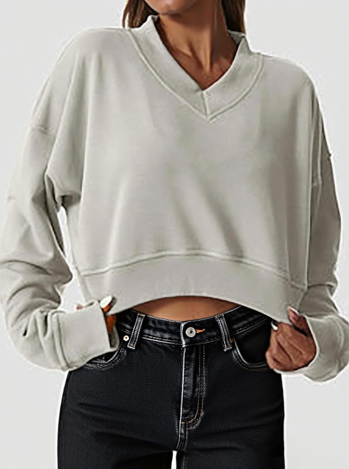 Remidoo Women's V Neck Cropped Sweatshirt Long Sleeve Loose Fit Drop Shoulder Pullover Top - Image 4