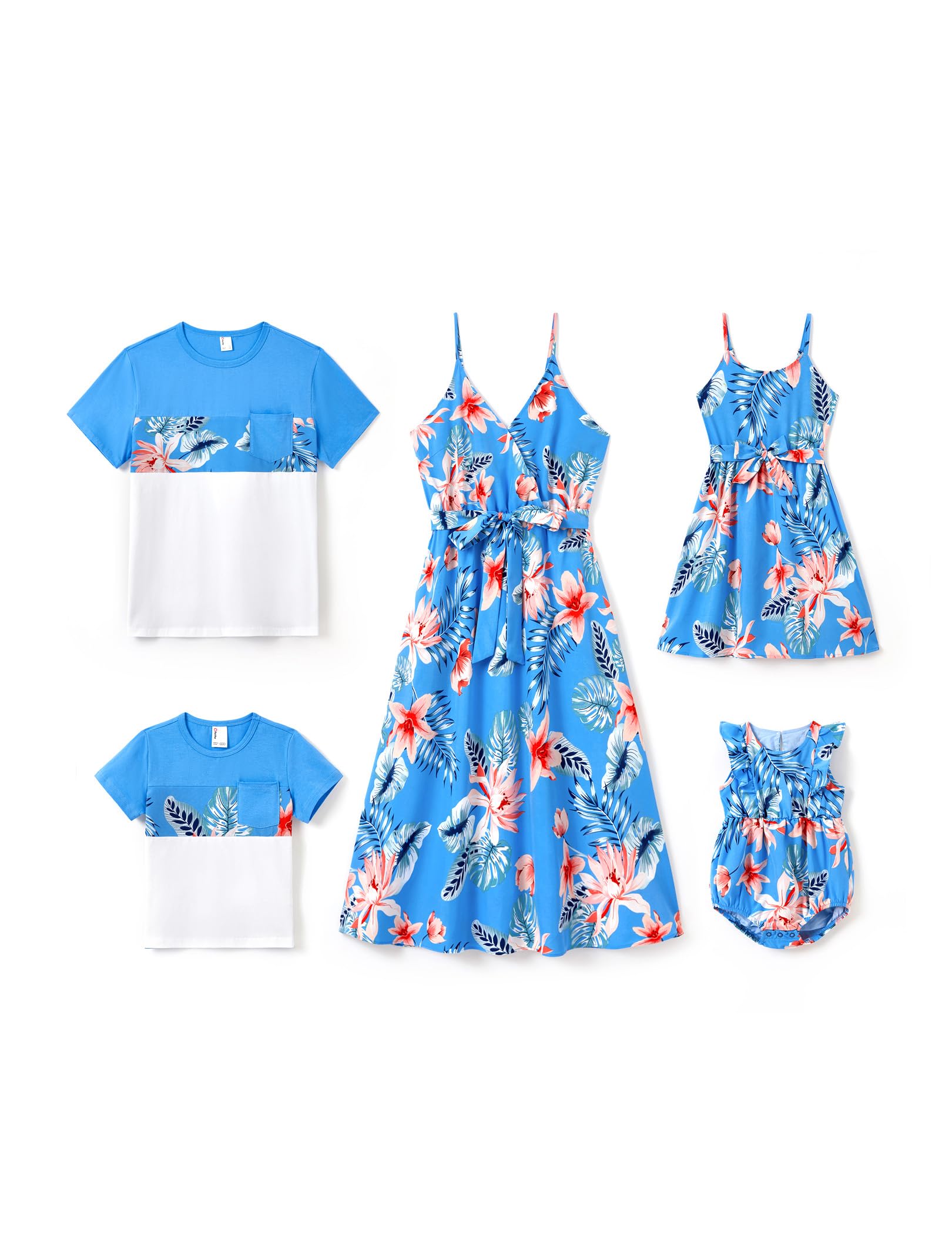 PATPAT Family Matching Outfits Mommy and Me Dresses Hawaiian Tropical Vacation Beach Spaghetti Strap Dress and Shirt