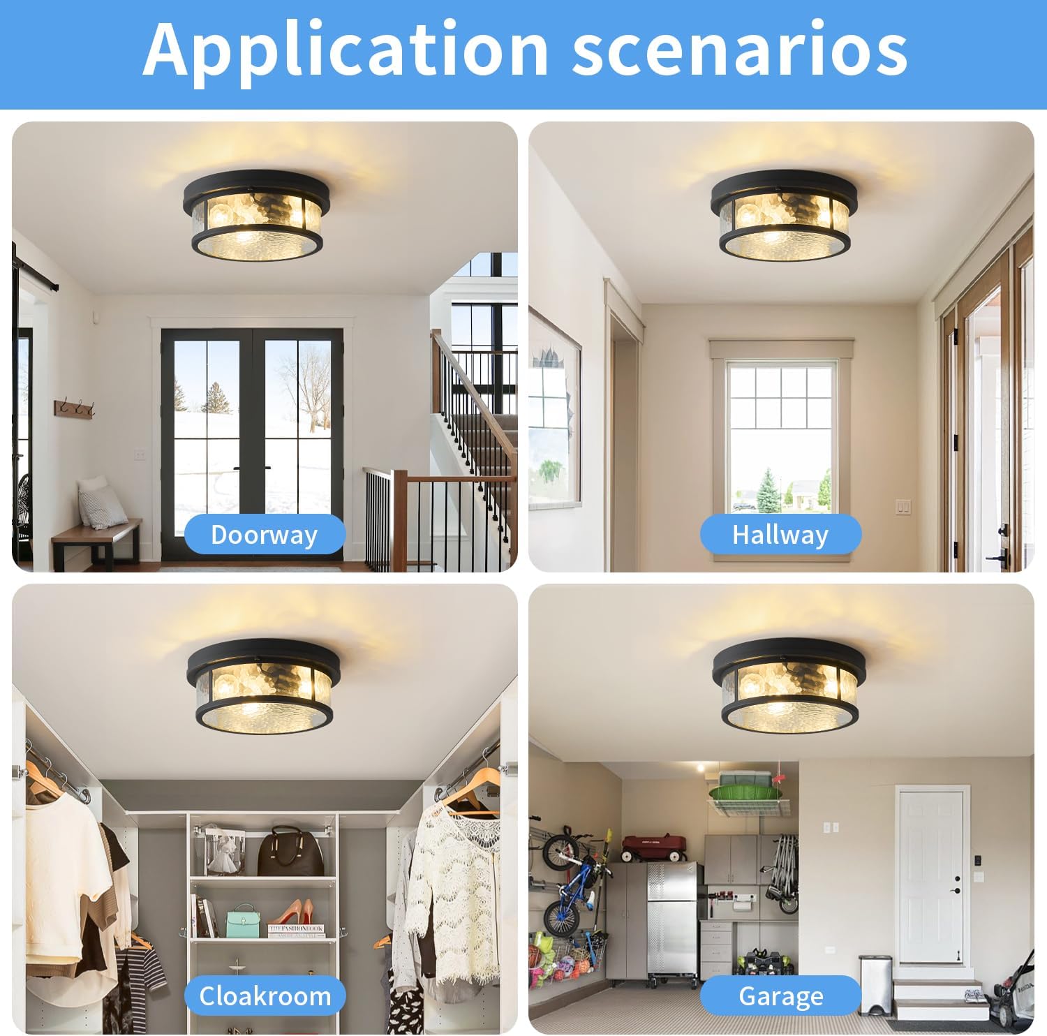 Adjustable Motion Sensor Flush Mount Ceiling Lights Fixture with Water Ripples Glass Shade,Round Matte Black Metal Modern Ceiling Lamp for Entryway,Hallway,Porch,Patio and Garage,12 inch,3-Light