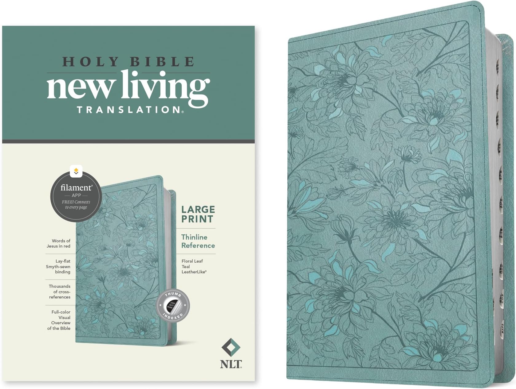NLT Large Print Thinline Reference Bible, Filament-Enabled Edition (LeatherLike, Floral Leaf Teal, Indexed, Red Letter)