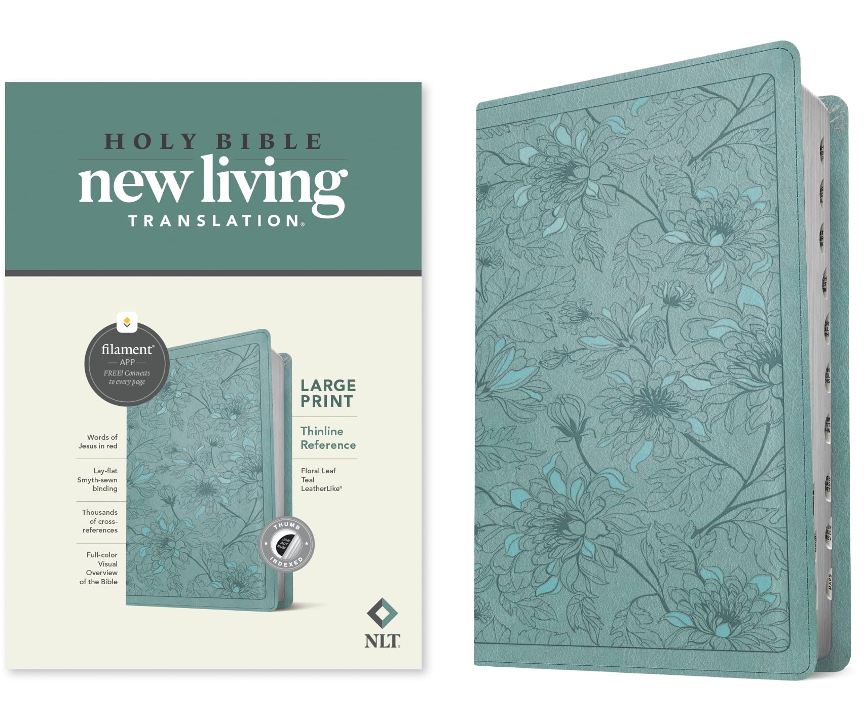 NLT Large Print Thinline Reference Bible, Filament Enabled E: New Living Translation, Floral Leaf/Teal, Leatherlike, Filament Enabled, Thinline Reference