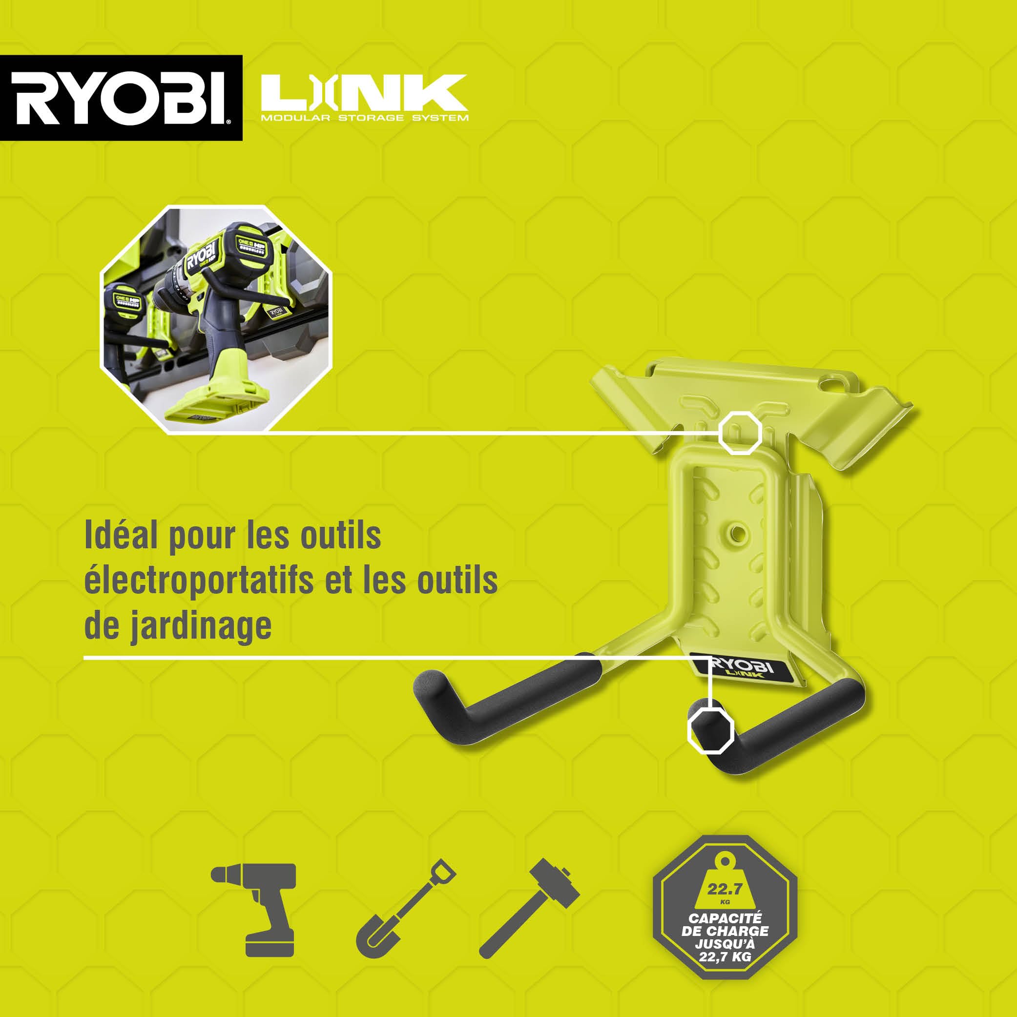 RYOBI - Crochet double long pour suspension d'outil - Systeme LINK - RSLW801