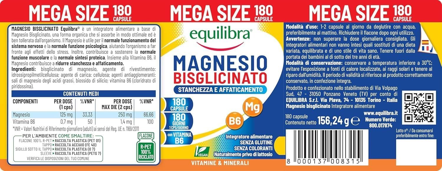 Equilibra Magnesio Bisglicinato, 180 Capsule, 250mg, con Vitamina B6, Scorta 6 Mesi, Assorbimento Ottimale, Vegan, Integratore Stanchezza, Sistema Nervoso e Funzione Muscolare, Senza Glutine