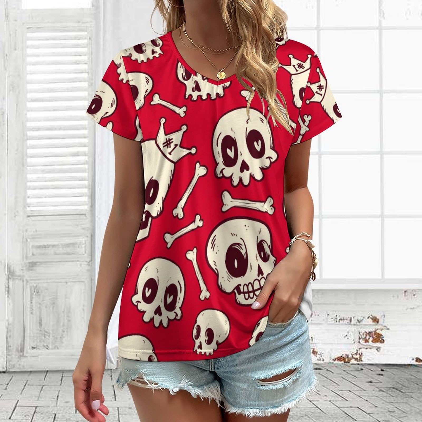 Amazon.co.jp: Tシャツ レディース Vネック スカル 髑髏 女性 半袖