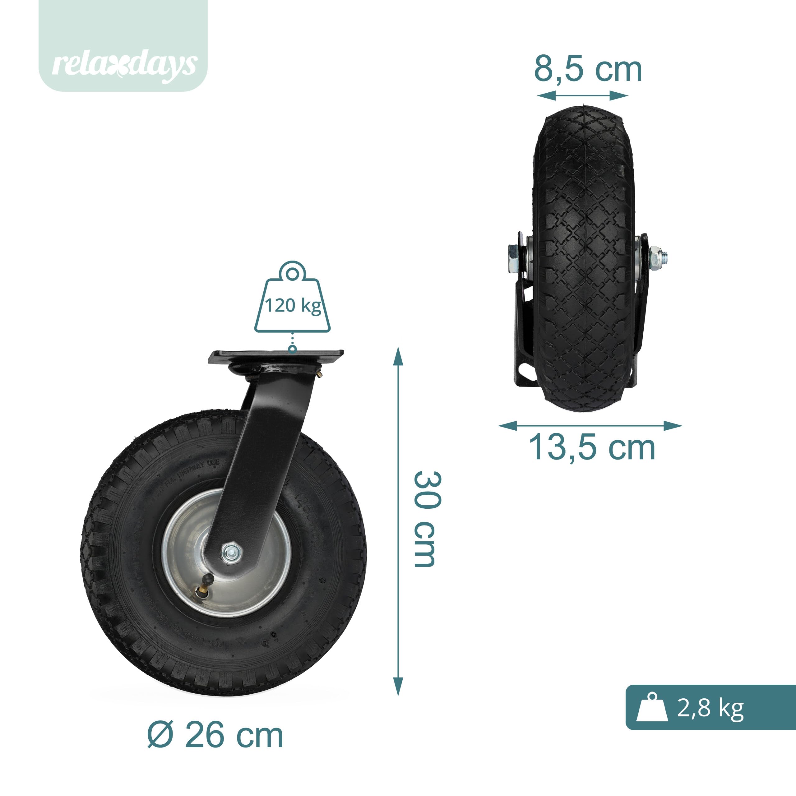 Relaxdays 2X Bockrolle + 2X Lenkrolle Set, luftbereiftes Schwerlastrad, 3.00-4, Transportrollen 120 kg, schwarz/Silber