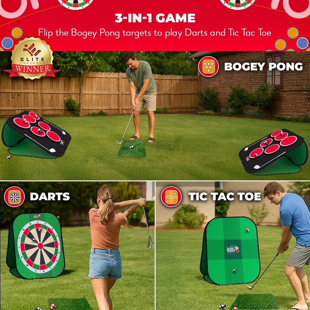 SWOOC Games® – Bogey Pong™ | 3-in-1 Backyard Pong Golf Game Set w/Darts & Tic Tac Toe | Remove Discs for Pong Golf Game Play | Yard Golf Chipping | Backyard Golf Games for Adults, Kids, & Family