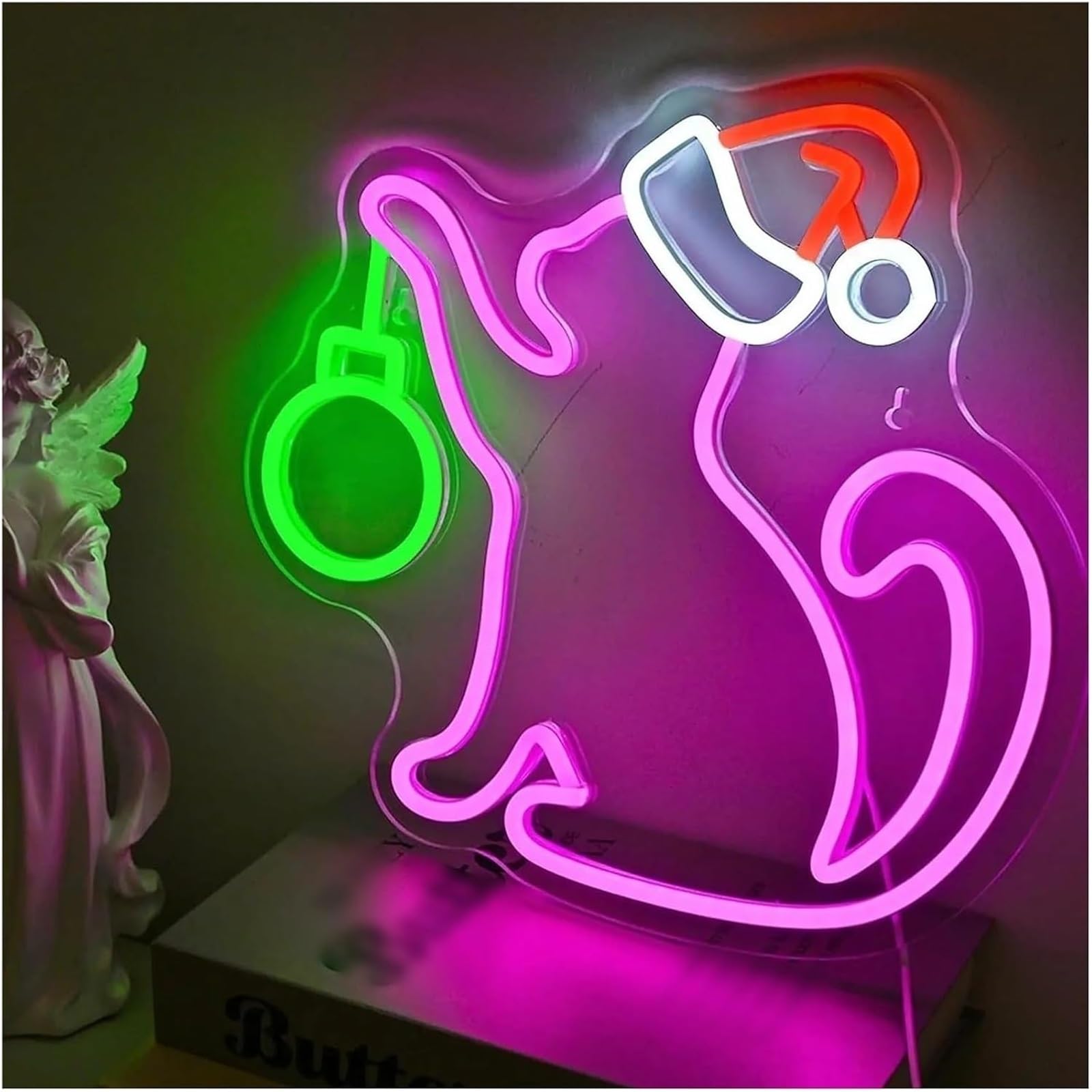Letrero de neón Lámpara de neón con forma gato para gorro Papá Noel letrero luces LED regulables bonita decoración pared para habitación