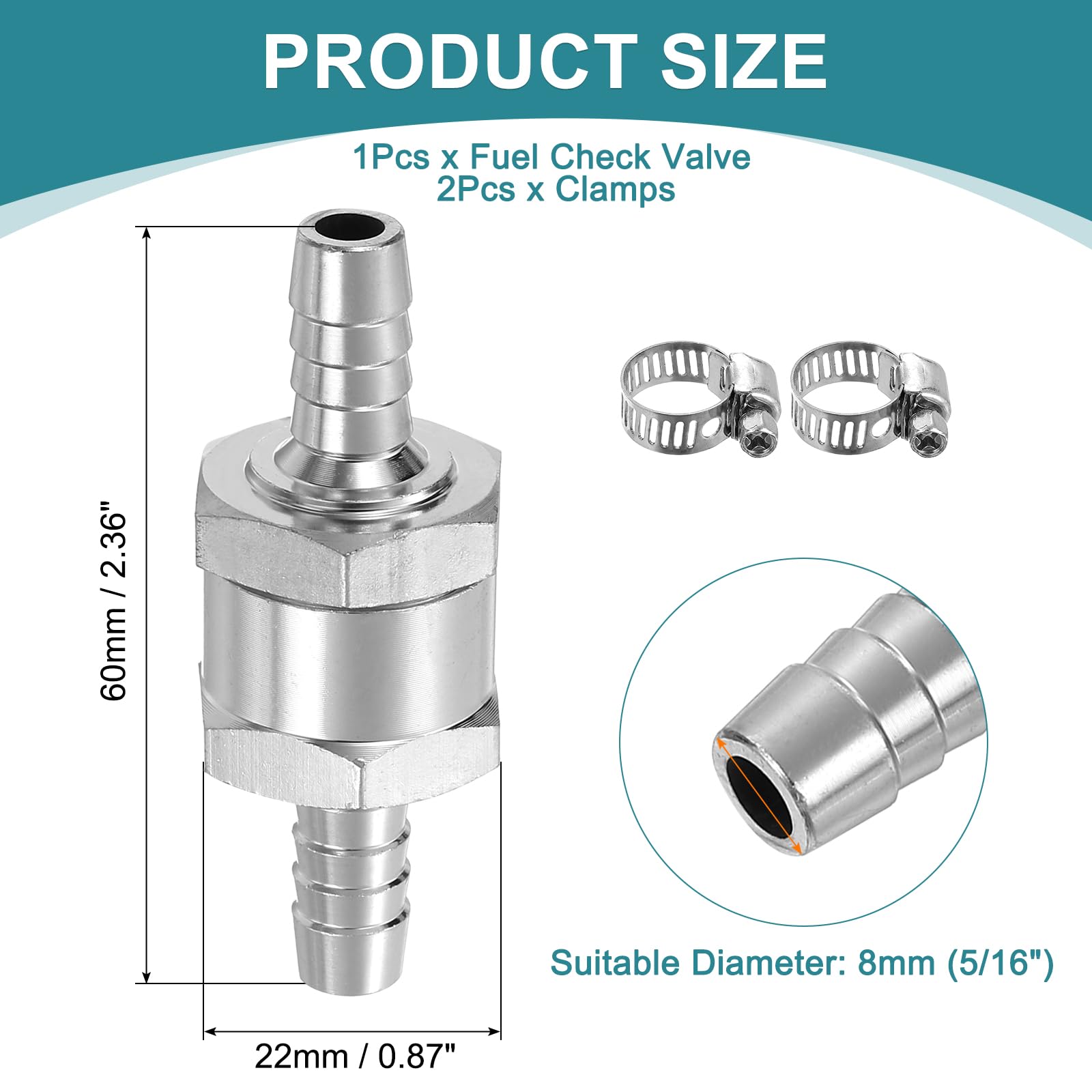 QUARKZMAN 8 mm (5/16") zawór zwrotny do paliwa, jednorazowy zawór zwrotny z zaciskami, stop aluminium, akcesoria sterujące do benzyny, oleju napędowego, gazu, oleju, powietrza, wody, srebra