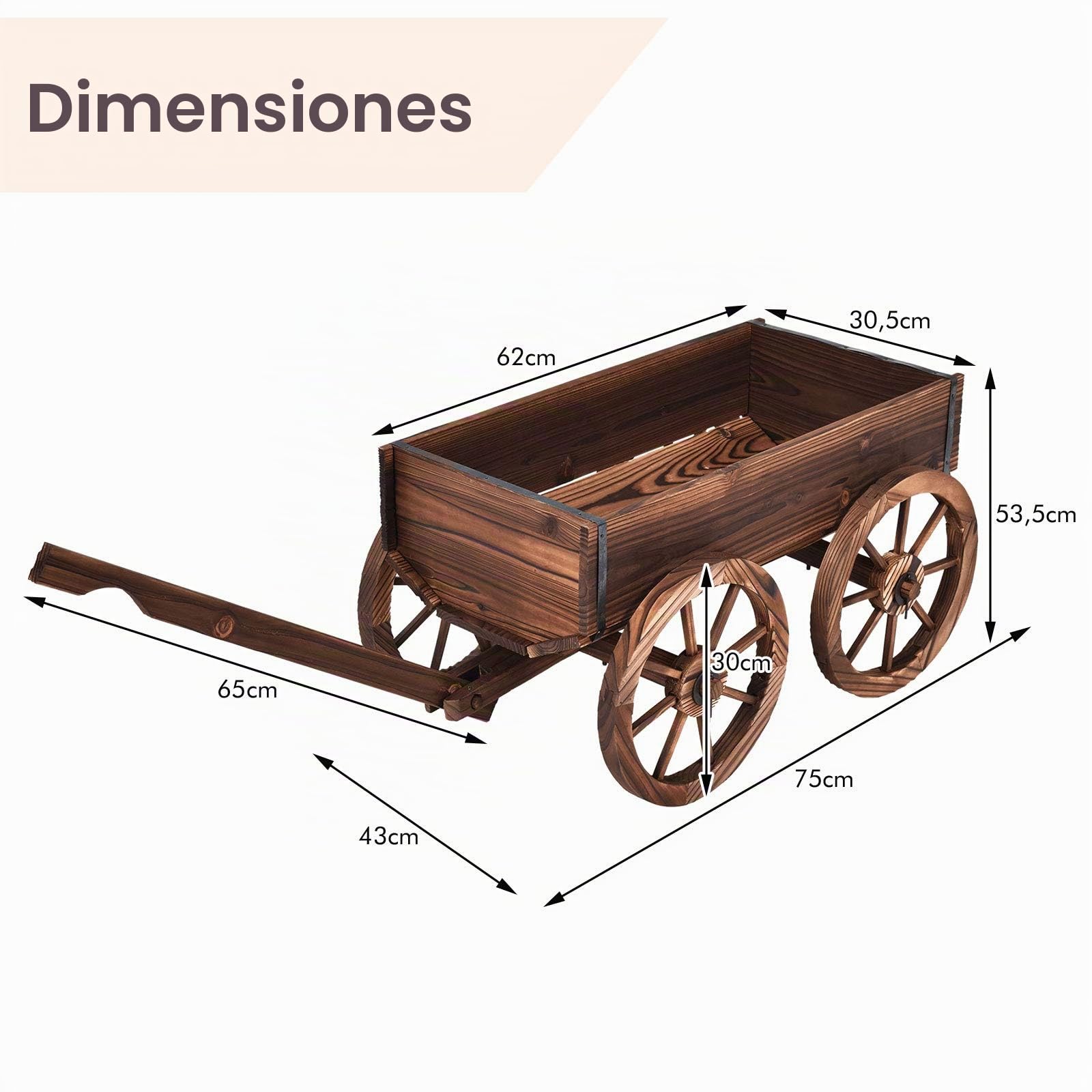 GIANTEX Carro de Jardín de Madera de Abeto con 4 Ruedas Grandes, Mango Largo, Ajustable, Ideal para Jardín Exterior, Marrón
