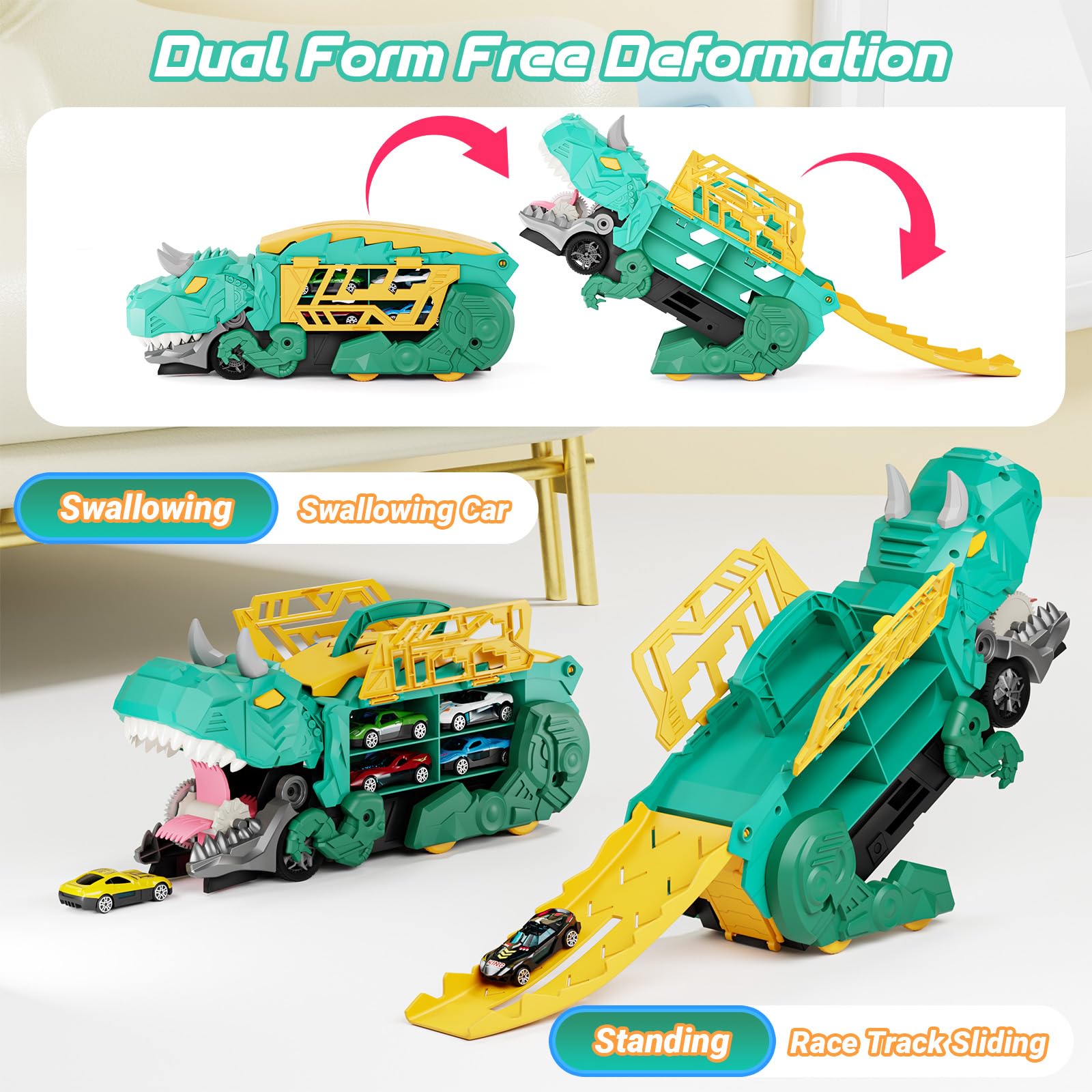 SHAWE Dinosaur Transporter Truck Toys for Boys Age 3-8, Portable Sliding Race Track Toy, 6 Racing Cars, Swallowing Action - Image 2