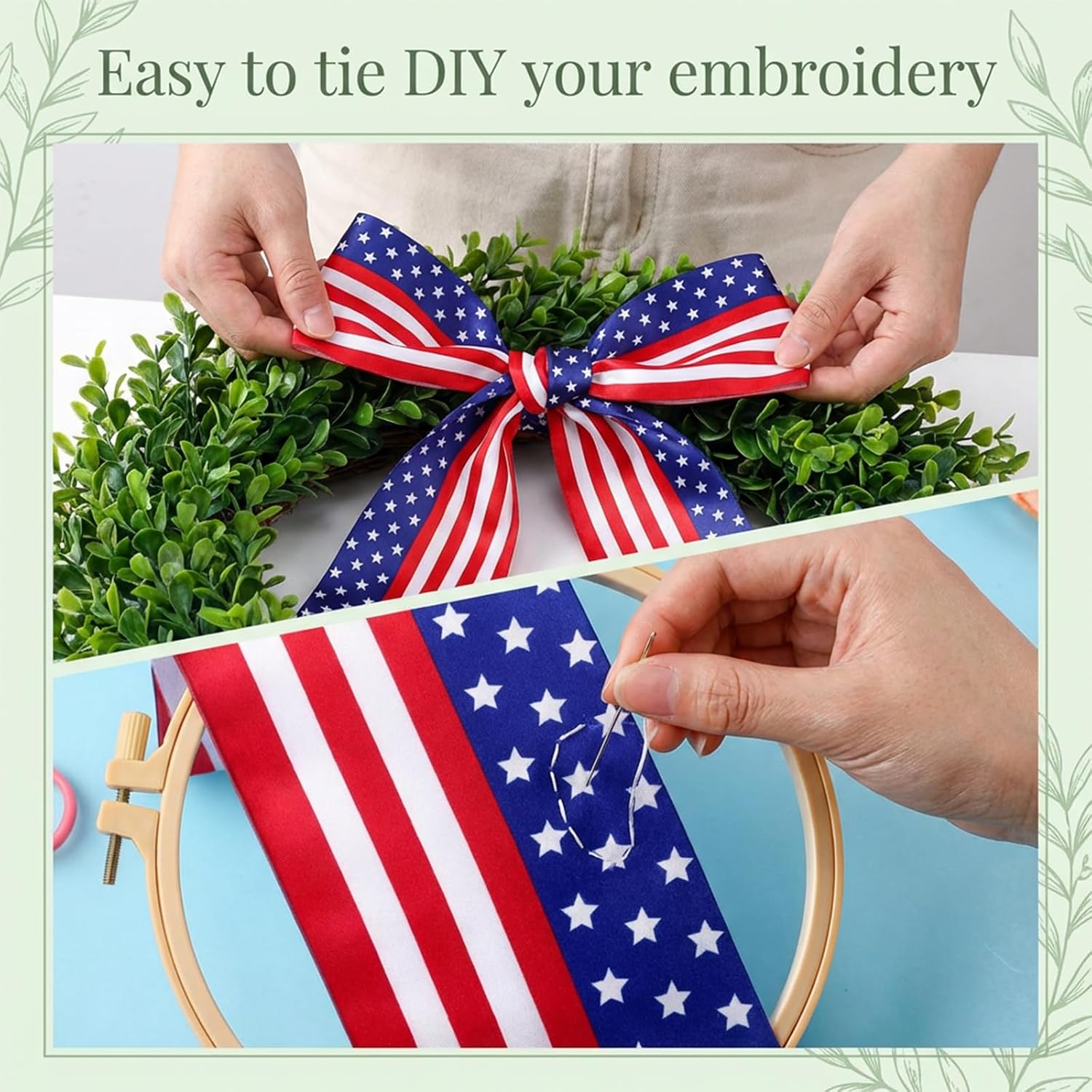 Patriotic Wreath Sashes for Front Door, Embroiderable Patriotic Ribbon, 57x4.5in Red White Blue Patriotics Wreath for Porche Outdoor Home [Arty [atio Doorway 4th of July Decoration