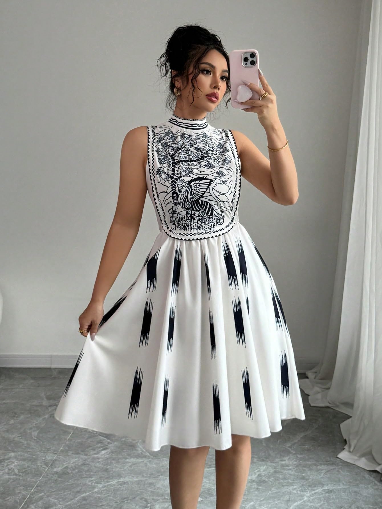 Women's Black & White Embroidered High Neck Dress - Fit & Flare A-Line Midi Cocktail Party Dress