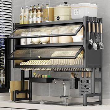 Double layered dish drying rack for kitchen counter, Space saving dish racks for sink over, Large capacity drainer rack for kitchen Shelf, with hooks knife cutting board holder.85cm