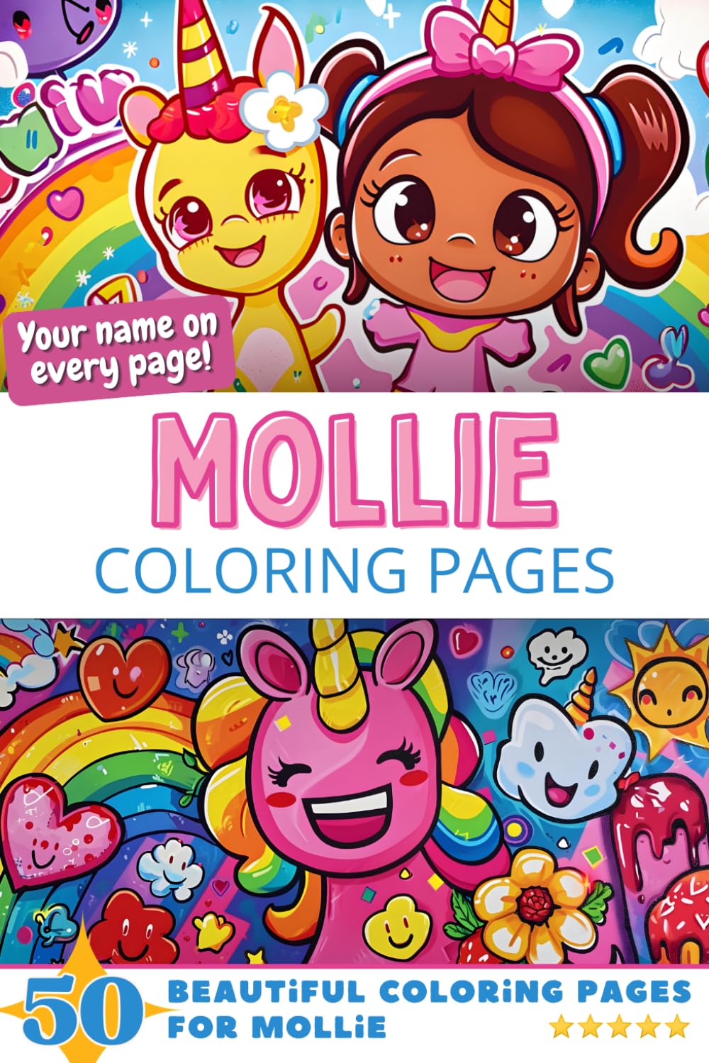 Mollie Coloring Pages: Wow-Effect! Your name on every page - Mollie coloring book - 6x9" - 50x Mollie coloring page - Fantastic Gift