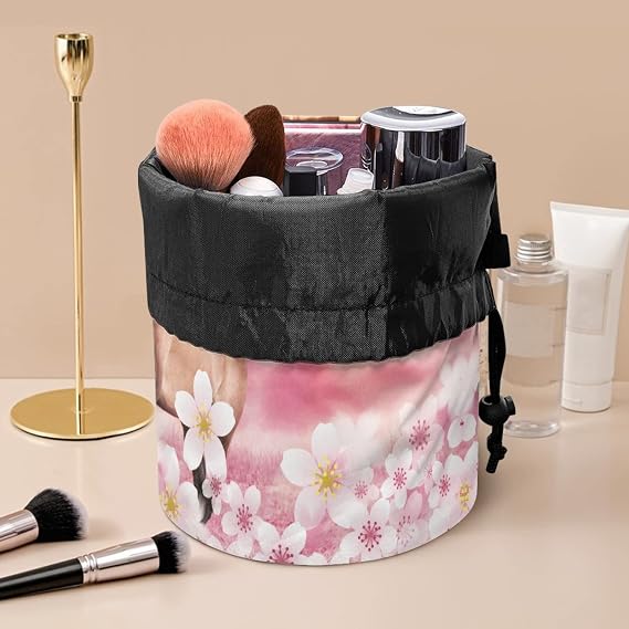 Cherry Blossom Horse Barrel Drawstring Makeup Bag Portable Travel Cosmetic Bag Large Capacity Toiletry Organizer Lightweight Hanging Makeup Pouch for Women and Girls