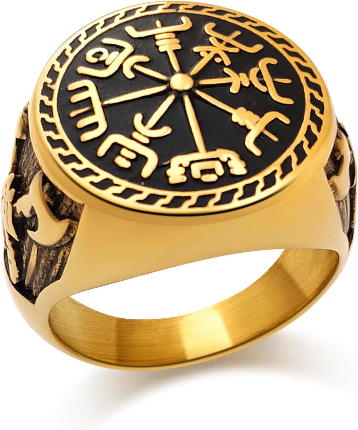 Nordic Battle Axe Ring Viking Vegvisir Pirate Compass Rings Stainless Steel/18K Gold Plated/Black Norse Symbol Vintage Jewelry for Men Women Send Gift Box