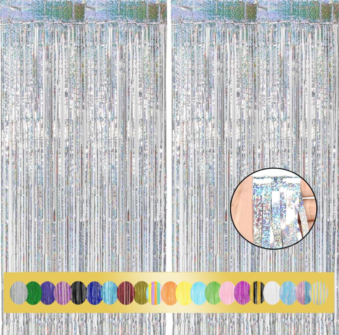 Montegoni 2pcs 3.3ft x 8.2ft Glitter Silver Tinsel Curtains, Foil Fringe Streamers for Party Decor - New Year, Birthday, Baby Shower, Wedding, Holiday Backdrop Decoration