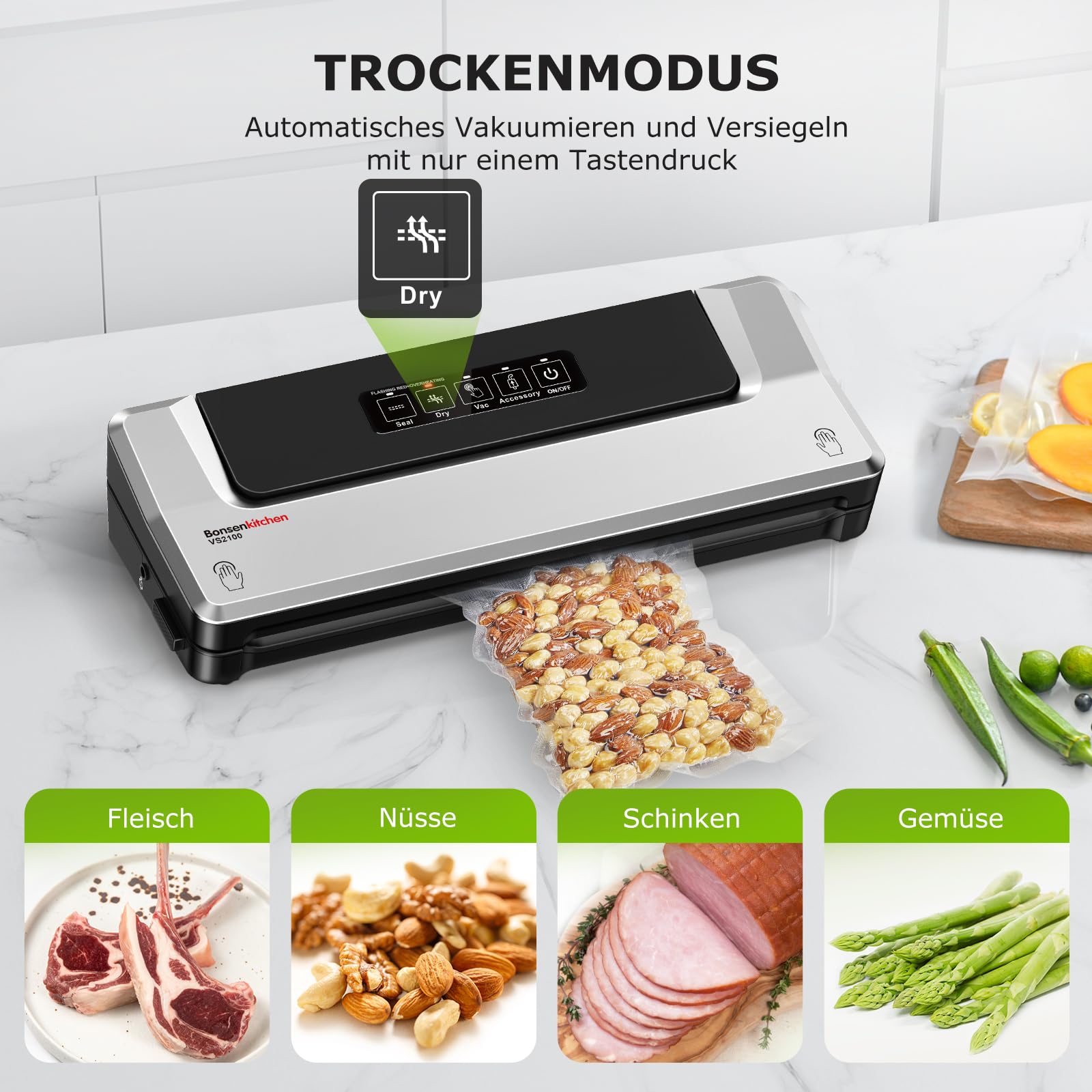 Bonsenkitchen Vakuumiergerät Vakuumierer Folienschweißgerät für Sous Vide Kochen, 5 Vakuumbeutel Inklusive