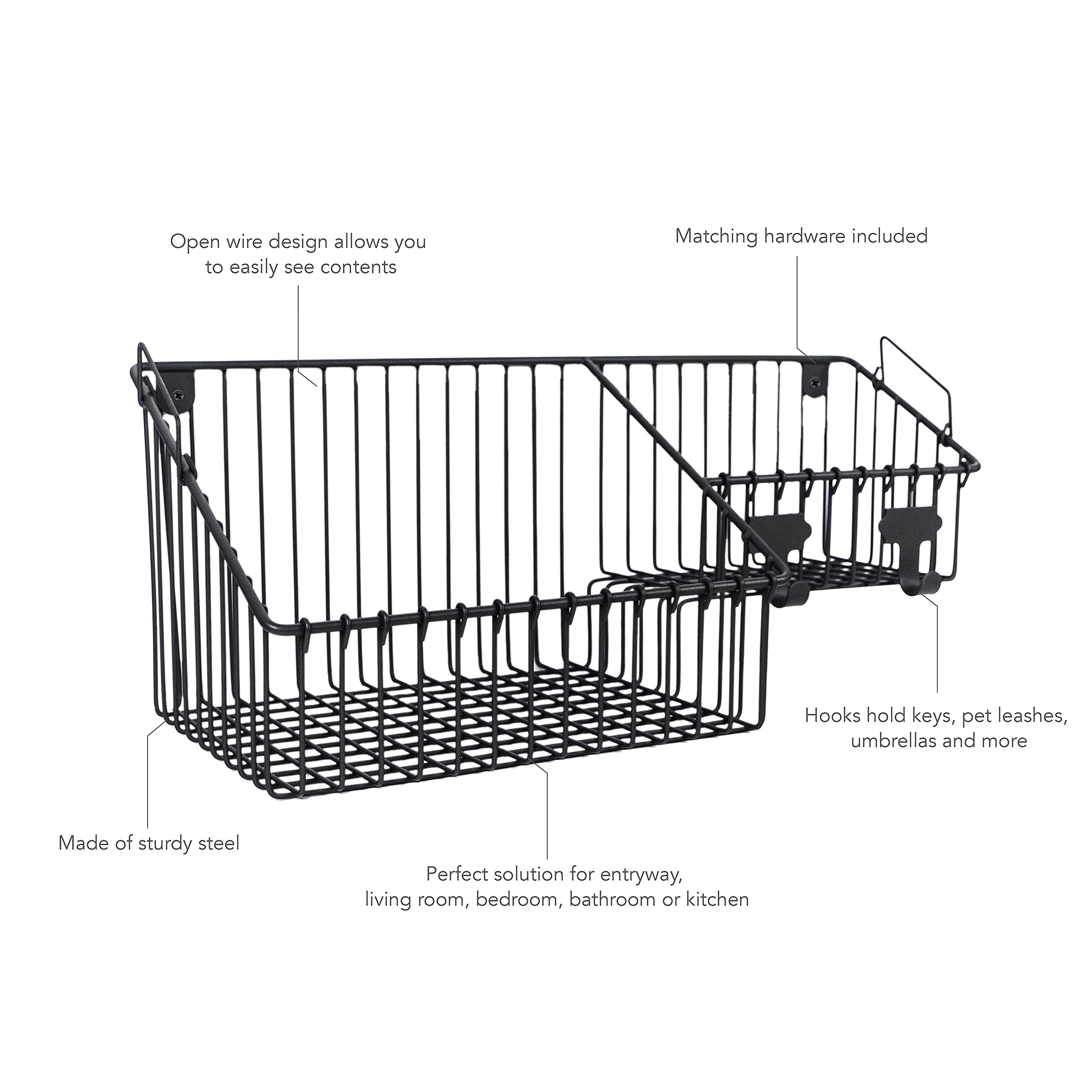 Spectrum Finley™ Wall Mount Double Storage Bin with Hook Station for Entryway Storage and Organization