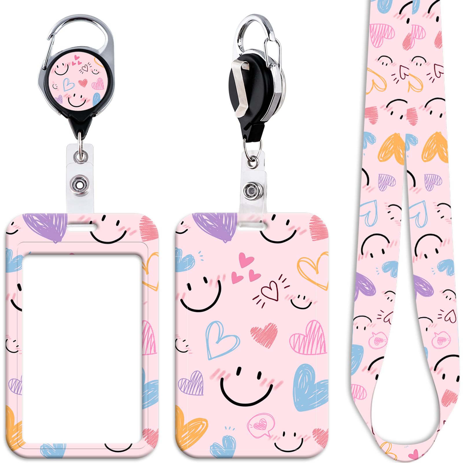 Pink ID Lanyard Card Holder & Love Heart Retractable Badge Reel Clip Cute Neck Lanyard for Keys ID Badges for Women Girls Kids Teachers Keychain Retractable Badge Holder Reel, for School Work ID — image 1