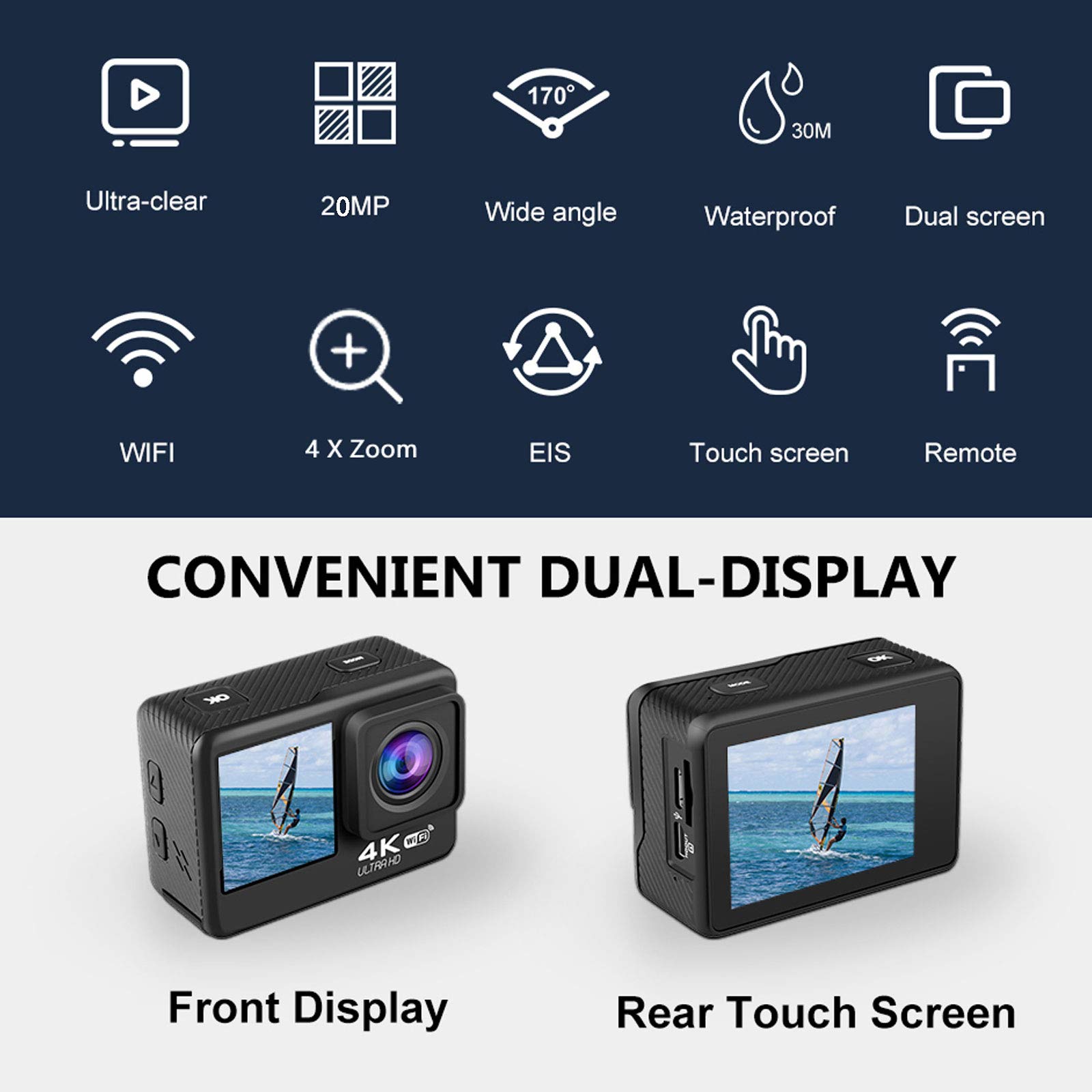 Fotocamera Subacquea Macchina Fotografica Subacquea Touch Screen con Doppio Schermo 4K Fotocamera Subacquea Digitale Impermeabile con Telecomando Wireless per 30 M Sott'Acqua