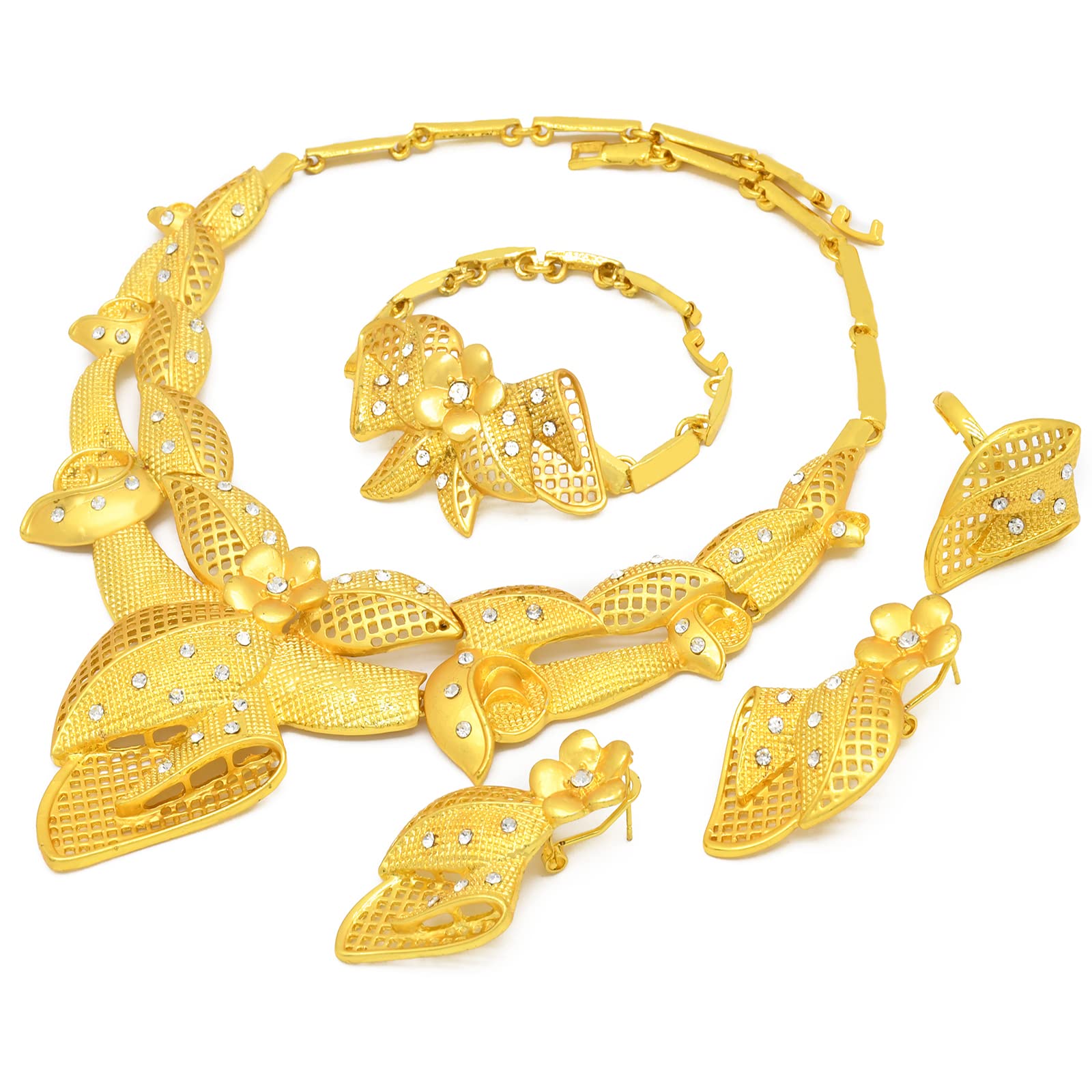 SUVAN JEWELRYIndian Bollywood Women Jewelry Sets 24K Gold Plated Dubai Gold Necklace Earrings Bangle Fashion Wedding Prom Jewelry Set