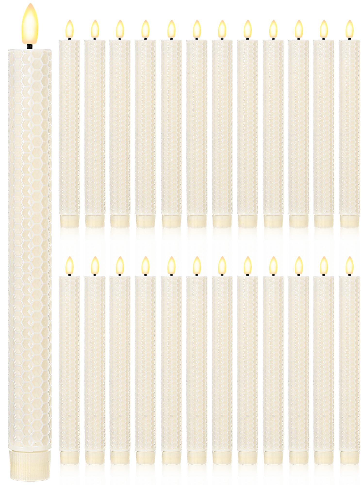 Treela 24 Pcs Flameless Taper Candles Battery Operated ulkB Fake Candles Light LED Candle Sticks Flickering Tapered for Wedding Anniversary Holiday Decoration(Honeycomb,10 Inch,Ivory)